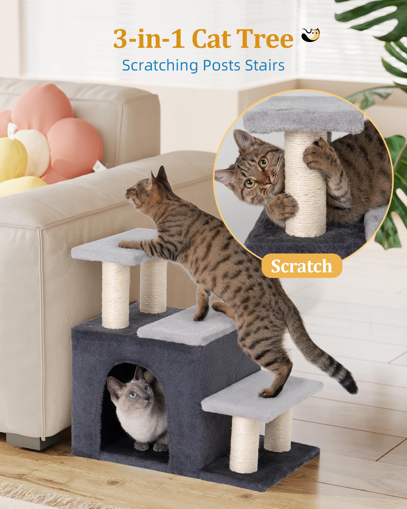 3-In-1 Pet Stairs For Cats, Dog Steps For Small Doggie, 6.29'Depth Cat Stairs, Indoor Cat Ladders For High Bed For Pet'S Joints