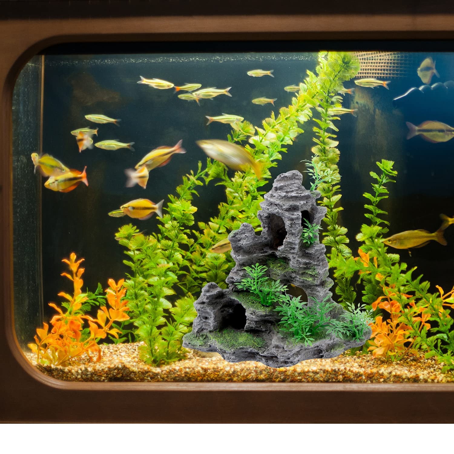 Saim Aquarium Mountain View Stone Ornament, Artificial Mountain Hill View Stone Rock Cave Aquarium Decorations Fish Tank Decor For Betta Cichlids Hideaway Cave, Hermit Crab Hideout - Large