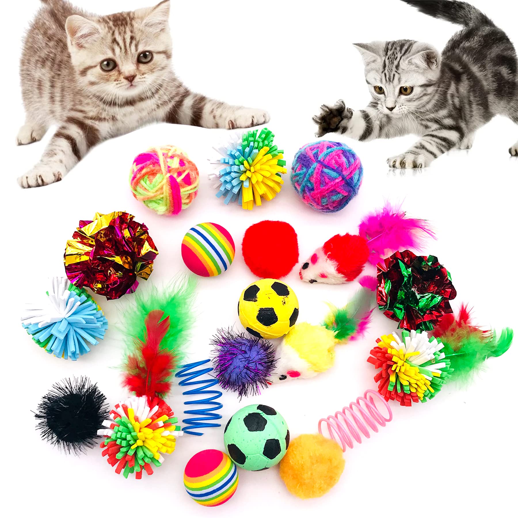 PET SHOW 20Pcs Cats Toys Interactive Kitten Ball Toys Assortments Variety Pack for Indoor Cats Mice Feather Sparkle Crinkle Ball