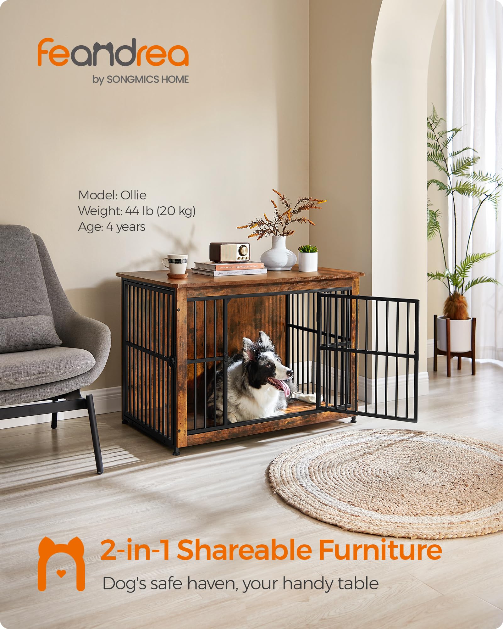 Feandrea Dog Crate Furniture, 38.6 Side End Table, Modern Kennel for Dogs Indoor up to 70 lb, Heavy-Duty Dog Cage with Enclosed