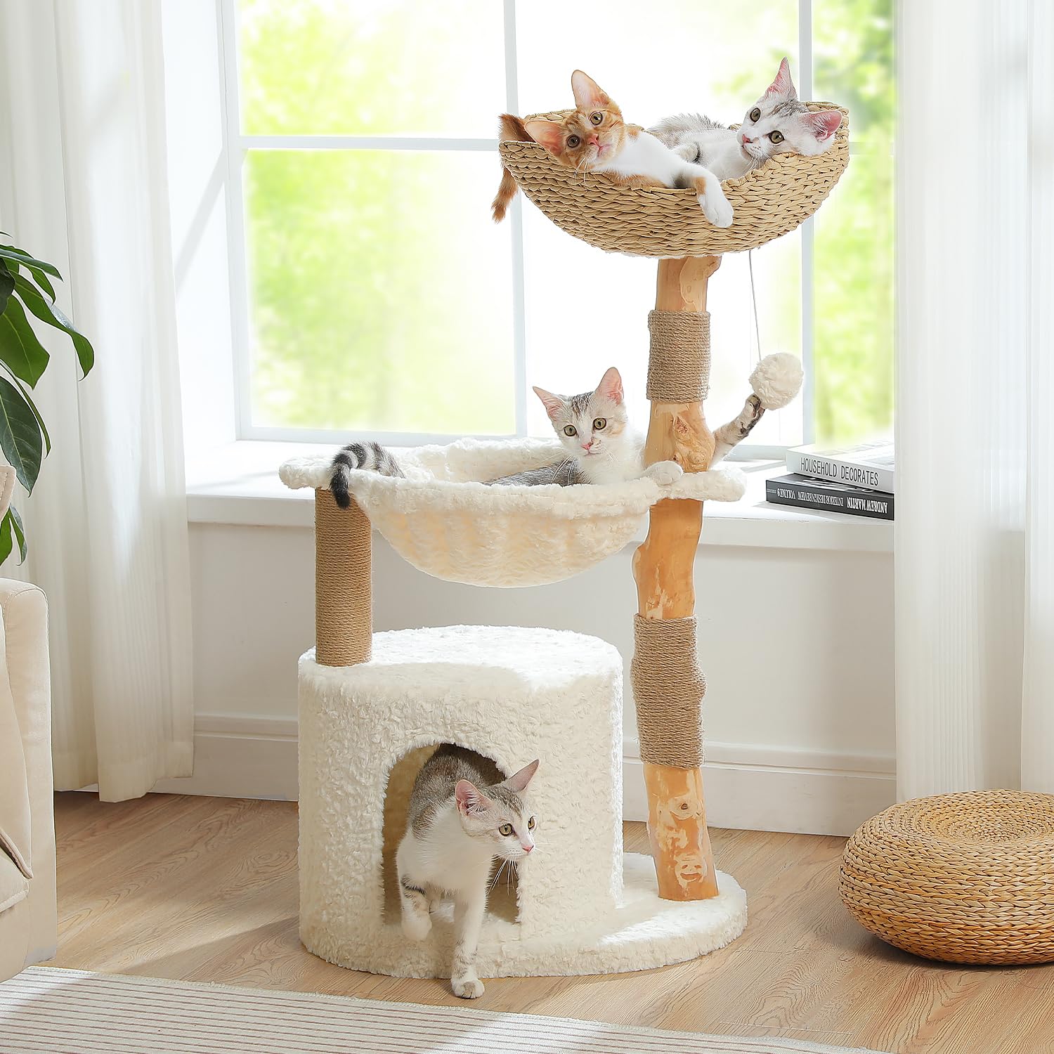 Pawz Road Modern Cat Tree With Natural Solid Wood Scratching Post, 40 Inches Cat Tower With Spacious Wicker Basket,Large Hammock