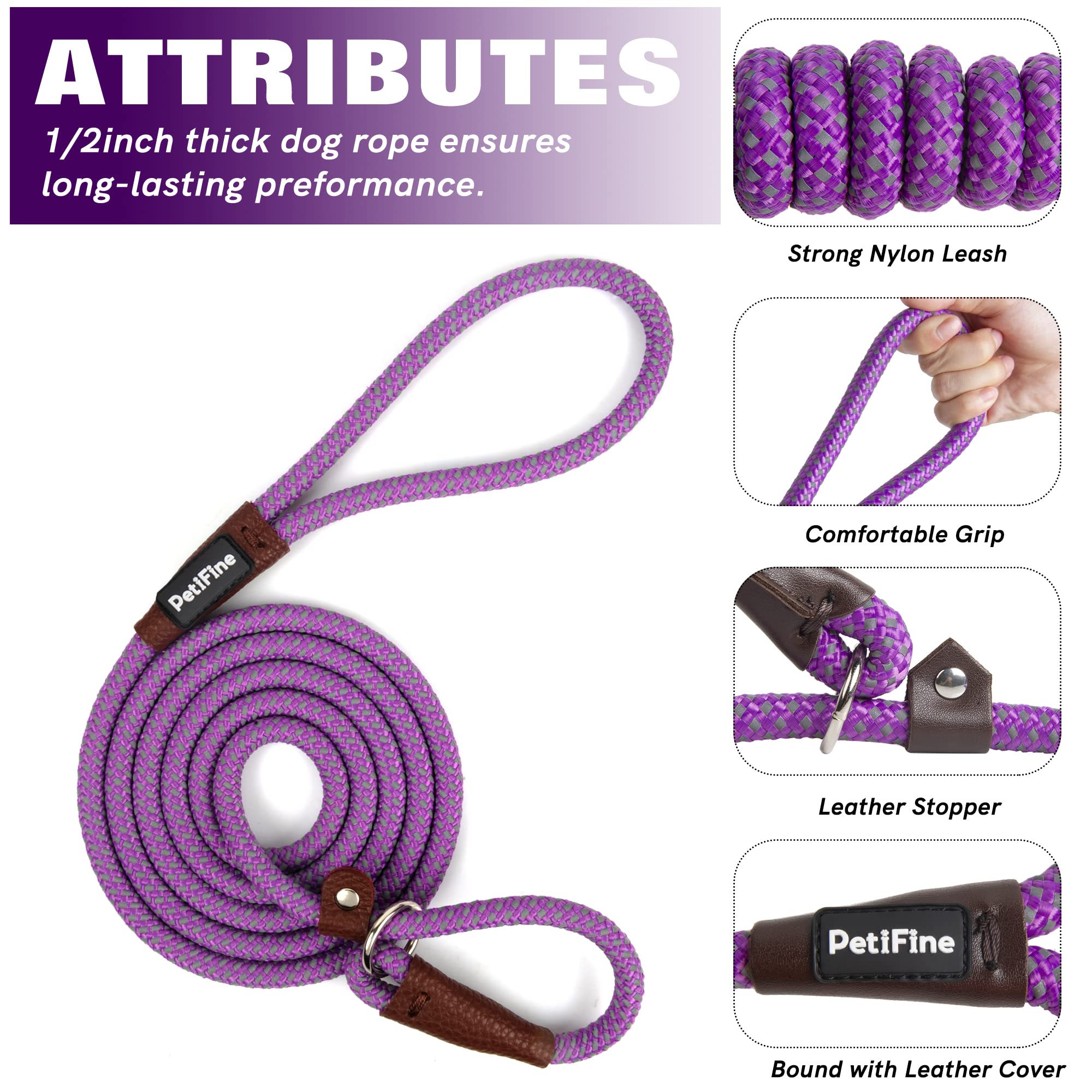 Petifine 6 Ft Slip Lead Dog Leash, Full Reflective Dog Training Leash, Heavy Duty Adjustable Pet Nylon Slip Rope Lead For Small Medium Large Dogs (3/8' -6 Ft, Purple)