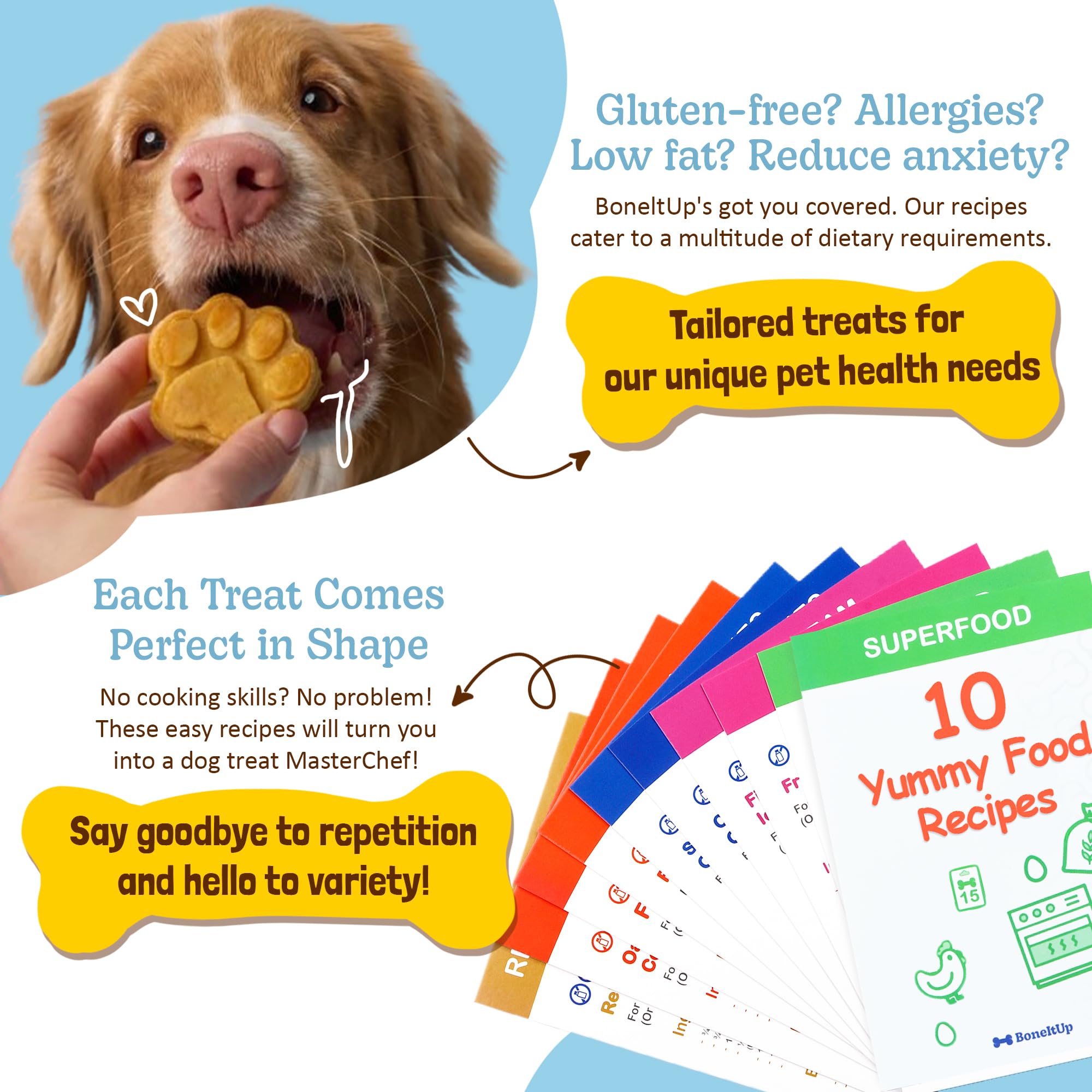BoneItUp Homemade Dog Treats Set Silicone Molds Cookie Cutters with Healthy Vet Approved Recipes, Puppy Treats with Paws & Bones