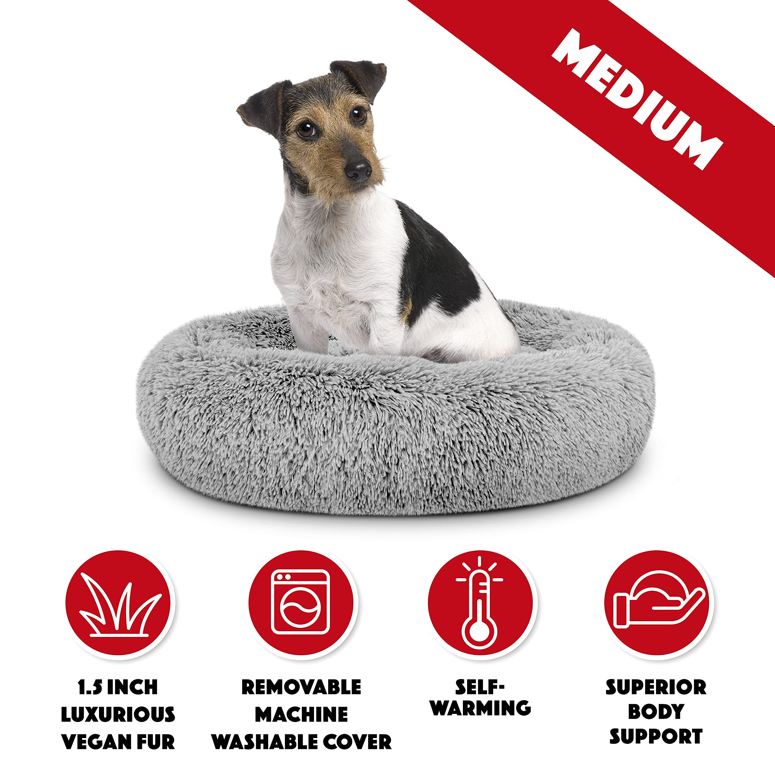 The Dogs Bed Sound Sleep Donut Dog Bed, Med Silver Grey Fur Calming Nest Bed, Veterinary Approved