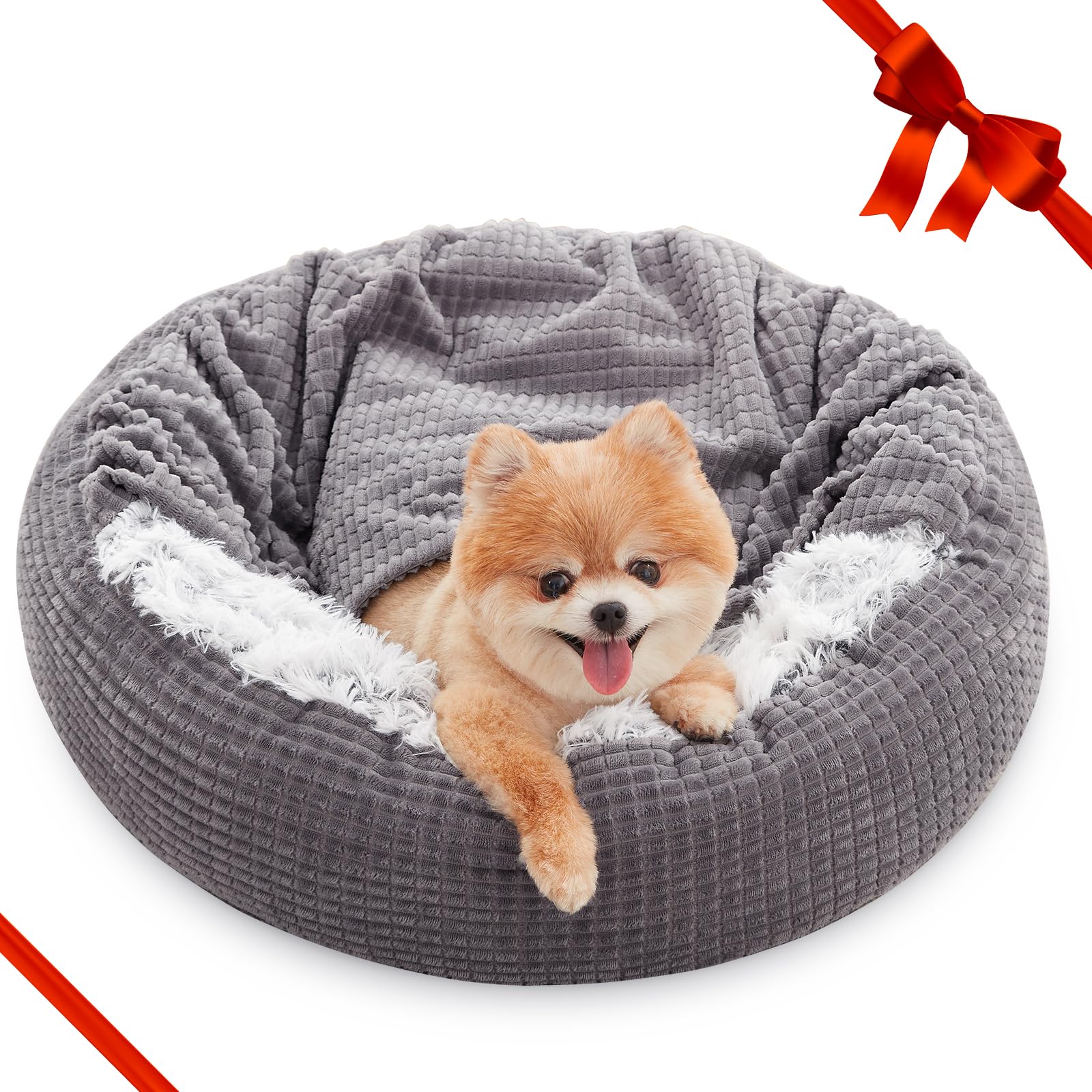 Mixjoy Small Dog Bed With Blanket, Round Calming Cozy Cave For Puppies, Soft Plush Cuddler, Anti-Slip Bottom, 23Inch