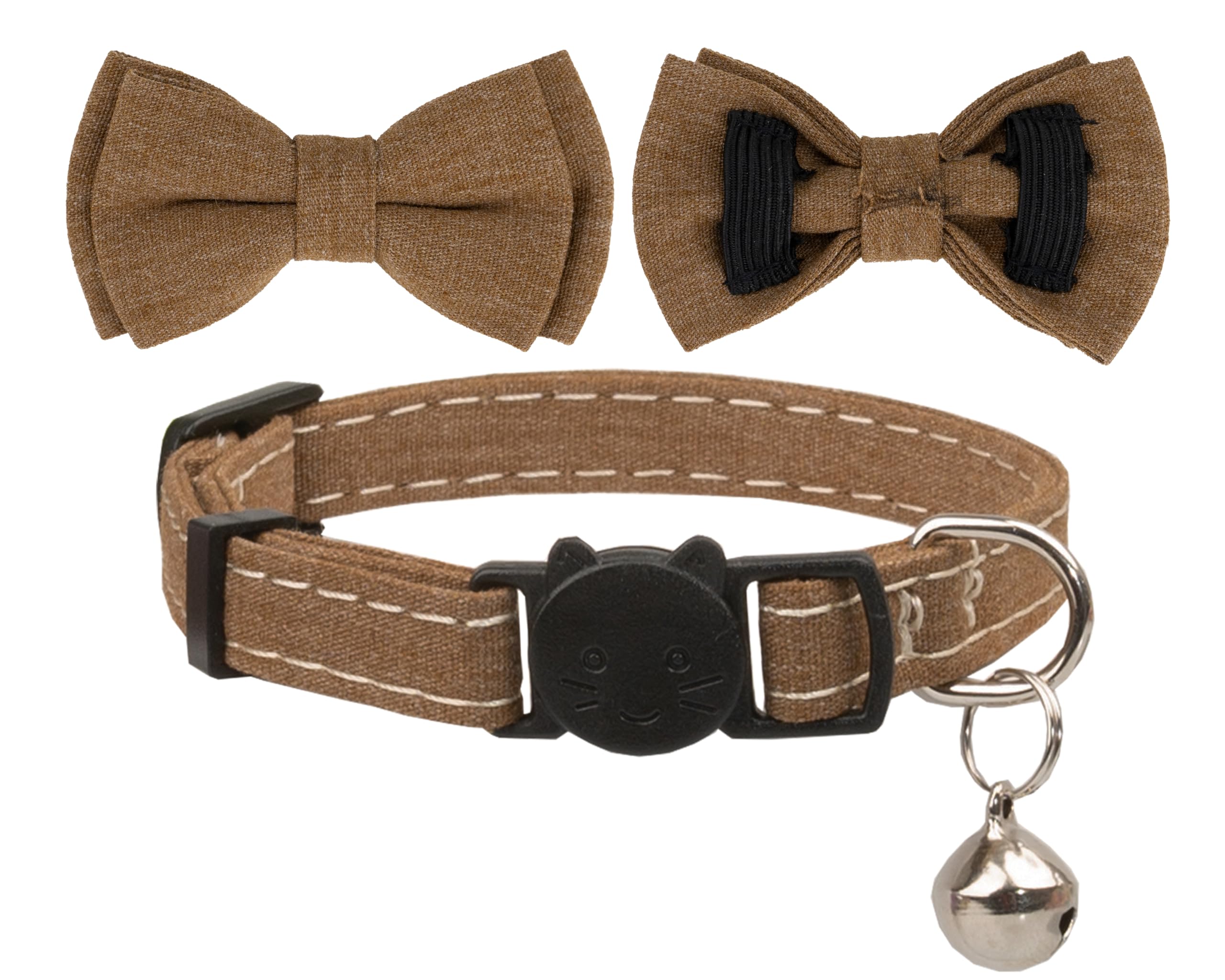 Gyapet Cat Collar Breakaway Bowtie Safety With Bell Adjustbale Kitten Puppy Solid Plaid Color Set A-[2Pcs] Brown & Beige