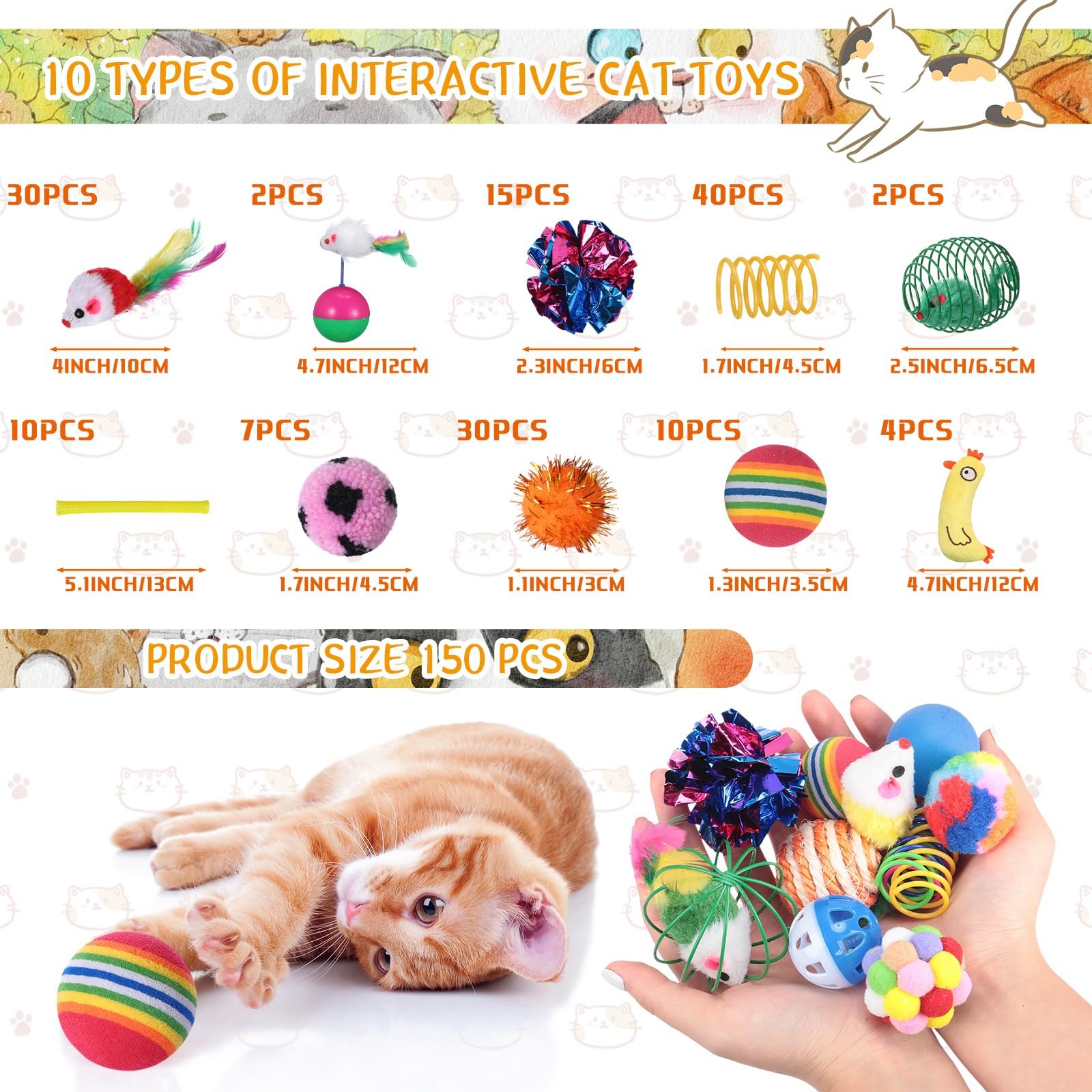 Shappy 150 Pcs Cat Toys Bulk Kitten Toys Pack Variety Funny Interactive Gift Including Mice Rainbow Balls Spring Crinkle Balls F