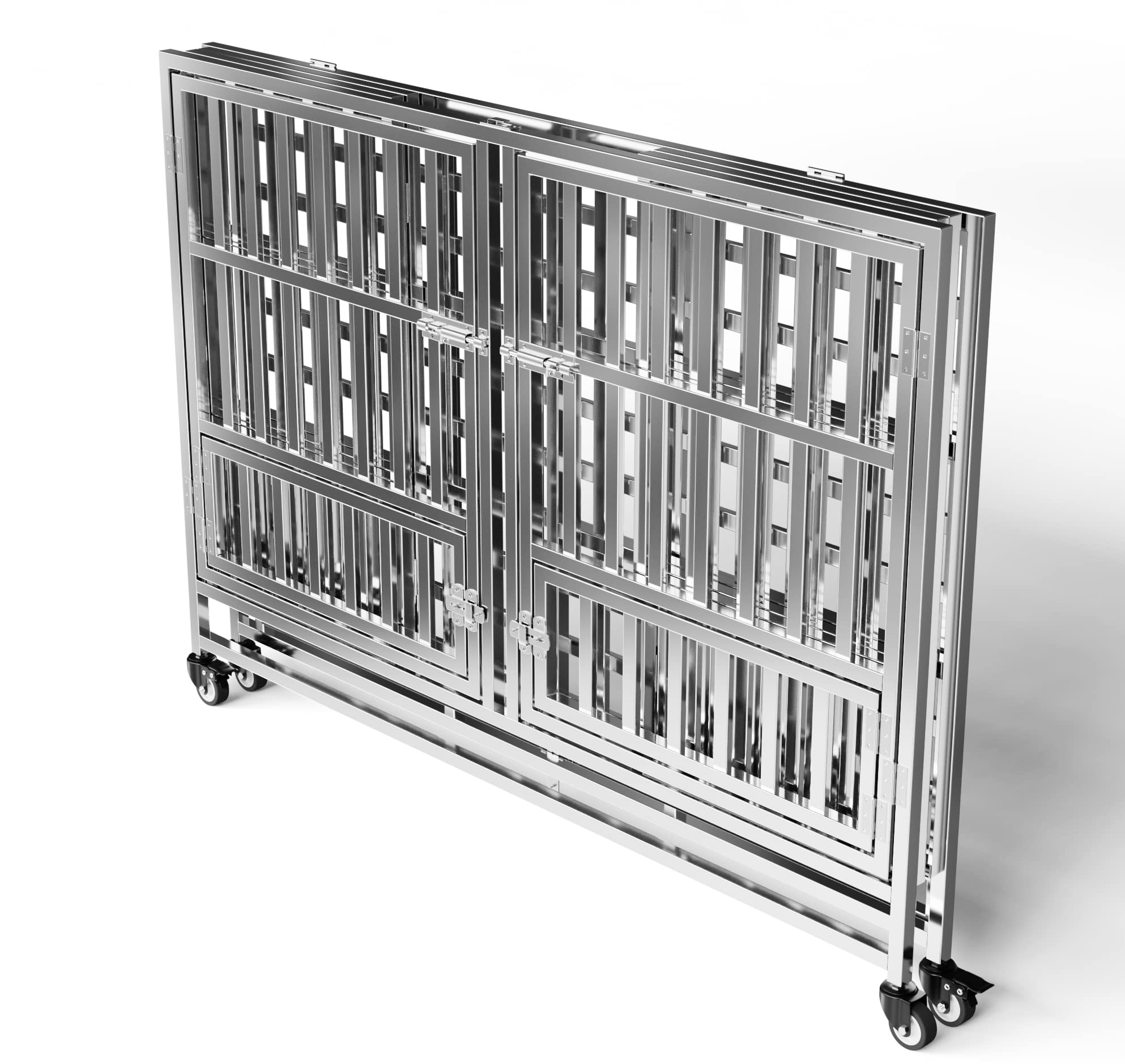 FoQualy Collapsible Stainless Steel Dog Crate, 30 37 42 48 Sizes, Lockable Wheel, with Tray, Stackable, Heavy Duty, Divider, Ind