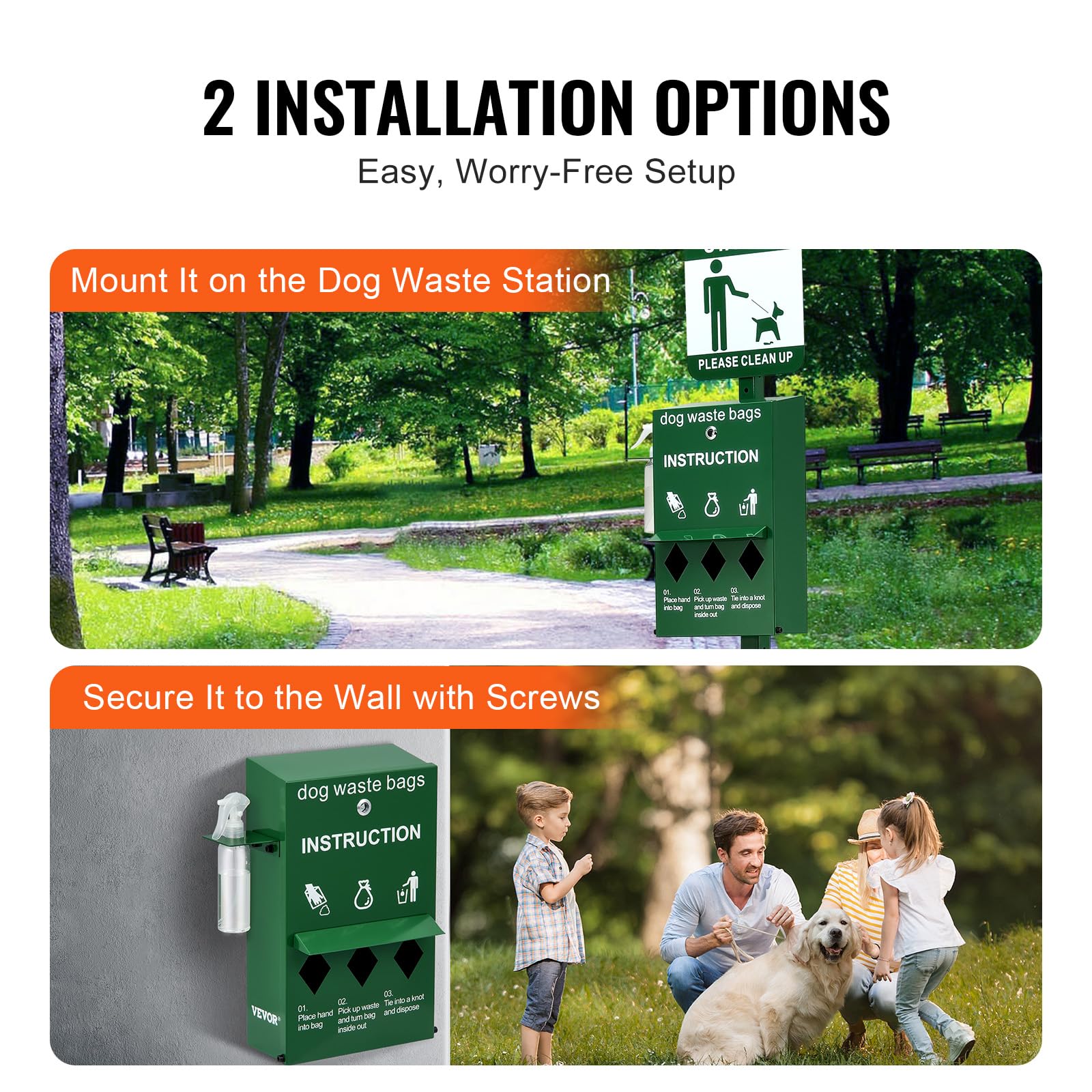 VEVOR Dog Poop Bag Dispenser with Hand Wash Bottle, Lockable Outdoor Dog Waste Bag Holder with 600 Waste Bags, Stake, Pole, Fenc