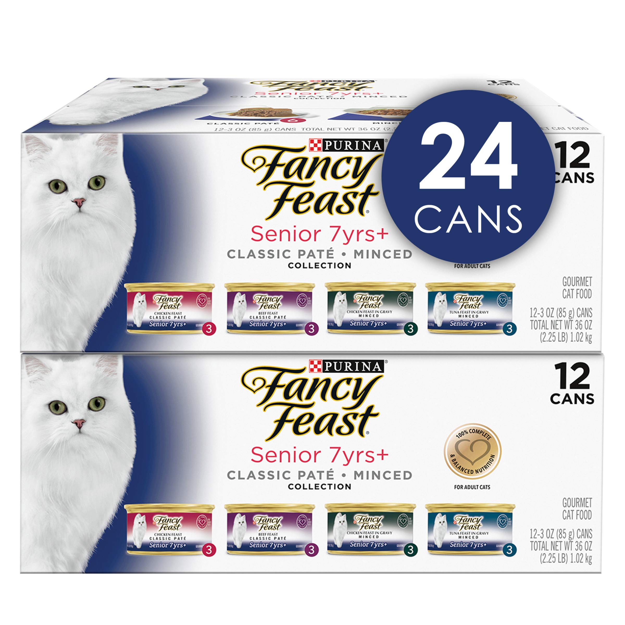 Purina Fancy Feast High Protein Senior Wet Cat Food Variety Pack, Senior 7+ Chicken, Beef & Tuna Feasts - (2 Packs of 12) 3 oz.