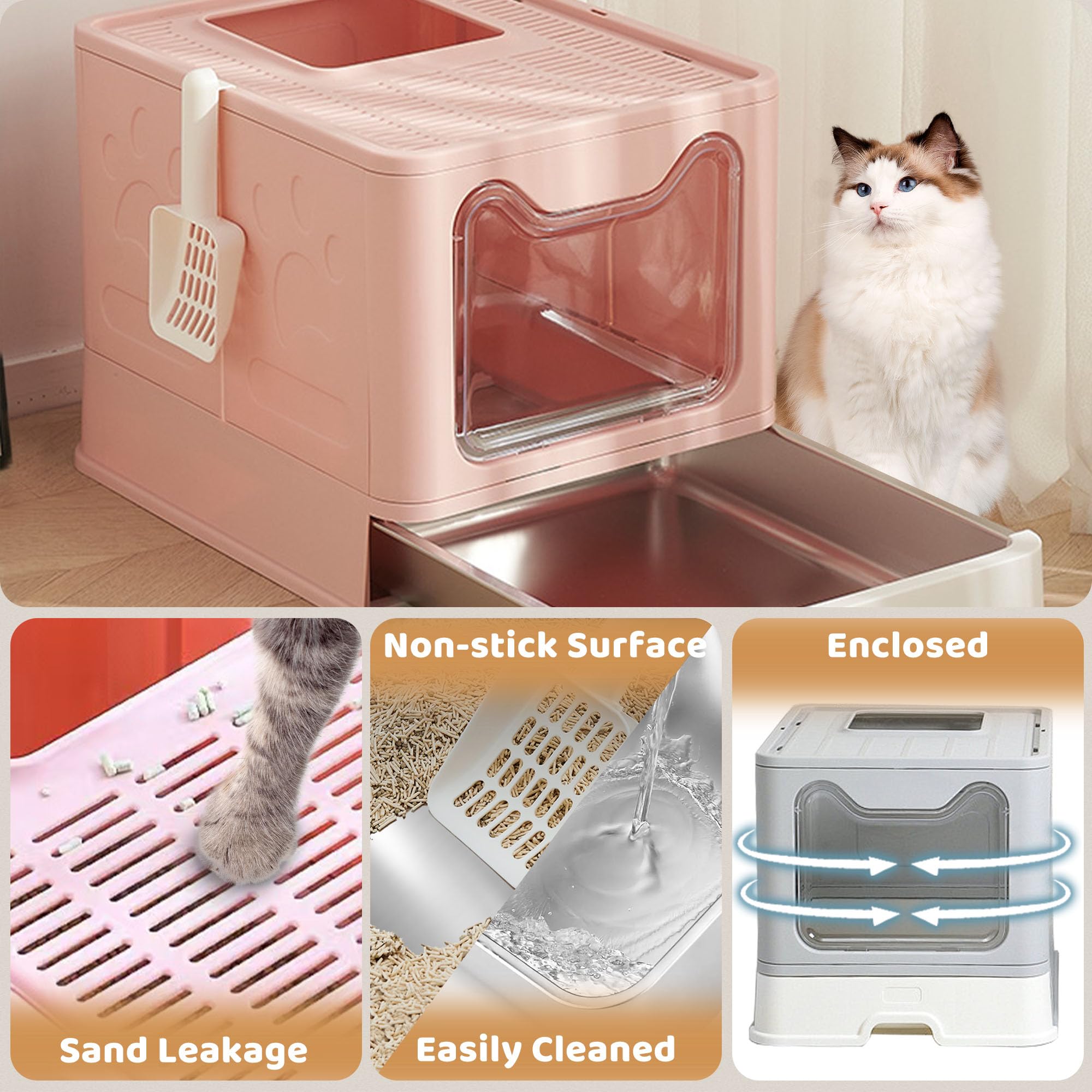 Tehoao Enclosed Cat Litter Box With Lid Top Exit Covered Metal Stainless Steel Litter Box Leak Proof & Odorless Easy To Clean In
