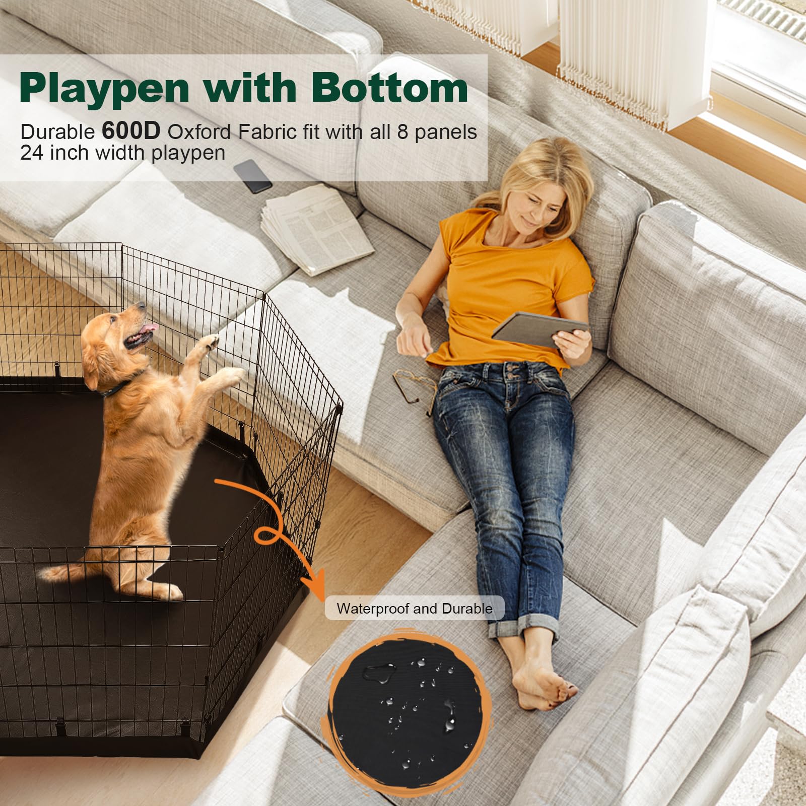 Pjyucien Dog Playpen - Metal Foldable Dog Exercise Pen, Pet Fence Puppy Crate Kennel Indoor Outdoor With 8 Panels 24”H & Top Cover And Bottom Pad For Small Medium Pets