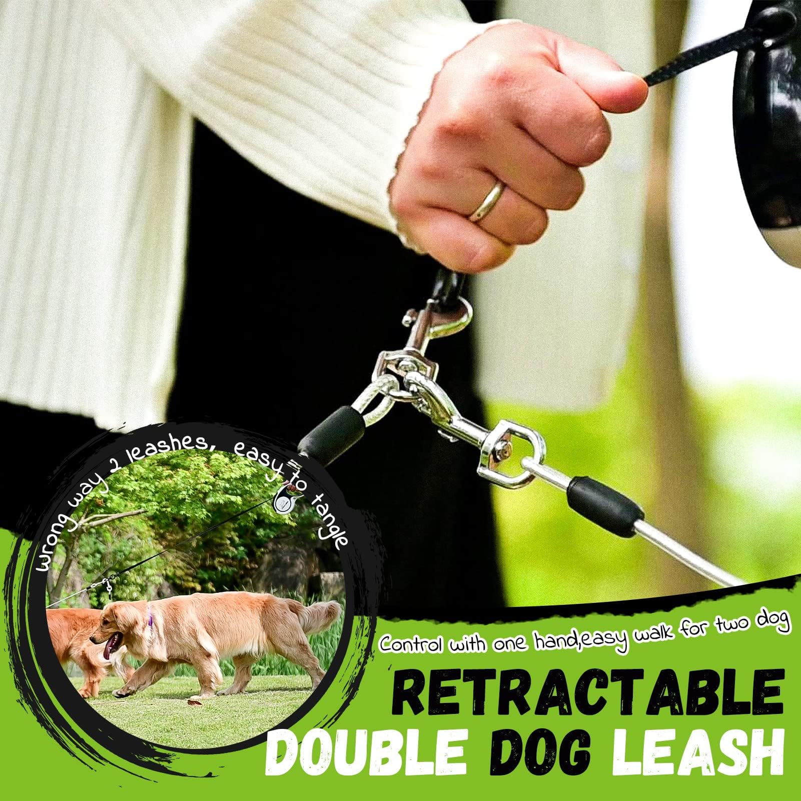 EXPAWLORER Retractable Dog Leash - Chew Proof 16ft Double Leash for 2 Dogs, Tangle-Free Wire Ropes, Heavy Duty, Black & White