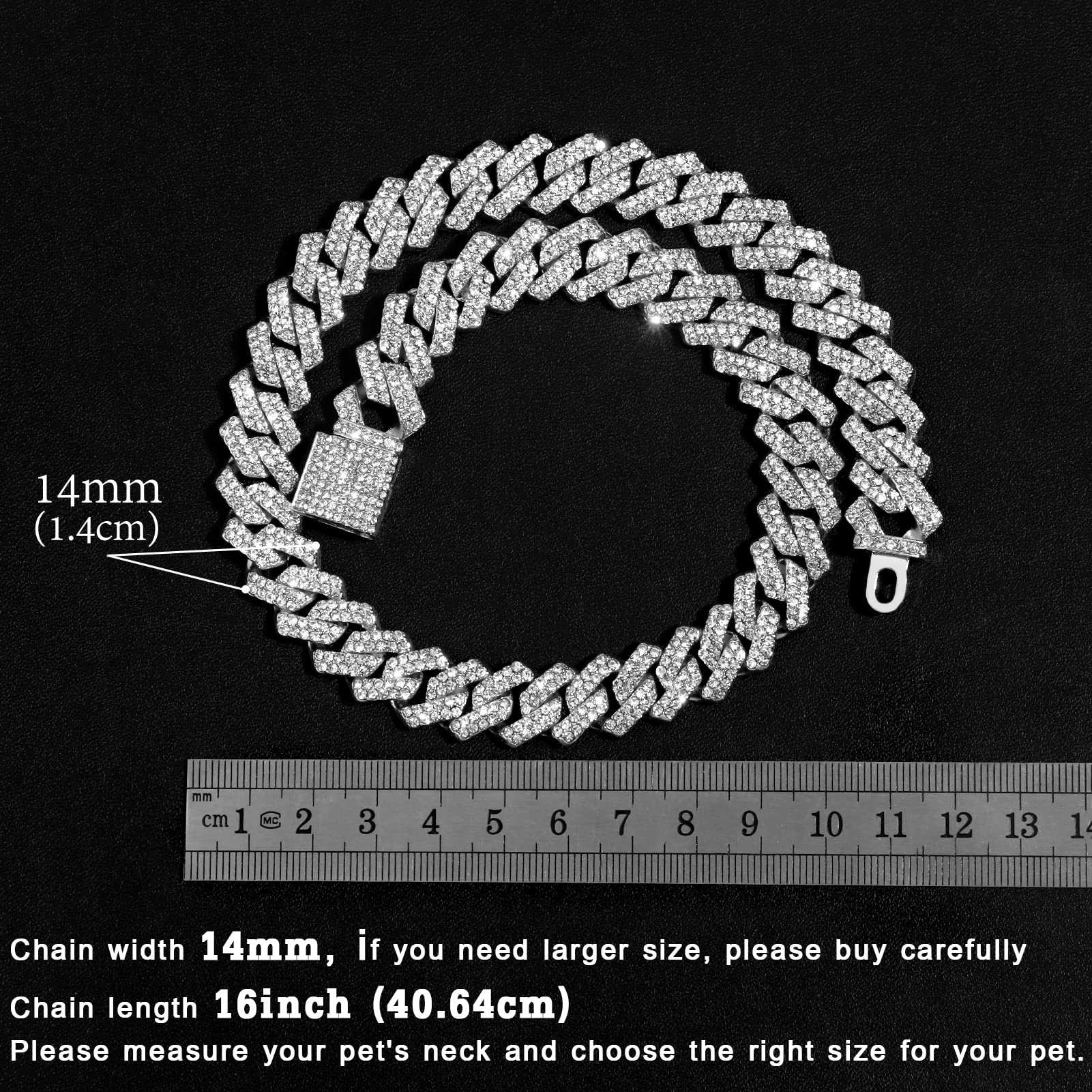 Flatfoosie Dog Chain Collar Walking Metal Chain Collar Cuban Link Dog Collar With Secure Buckle 14Mm Pet Gold Chain Dog Collars For Small Medium Large Dogs Cats (16 Inch, Silver)