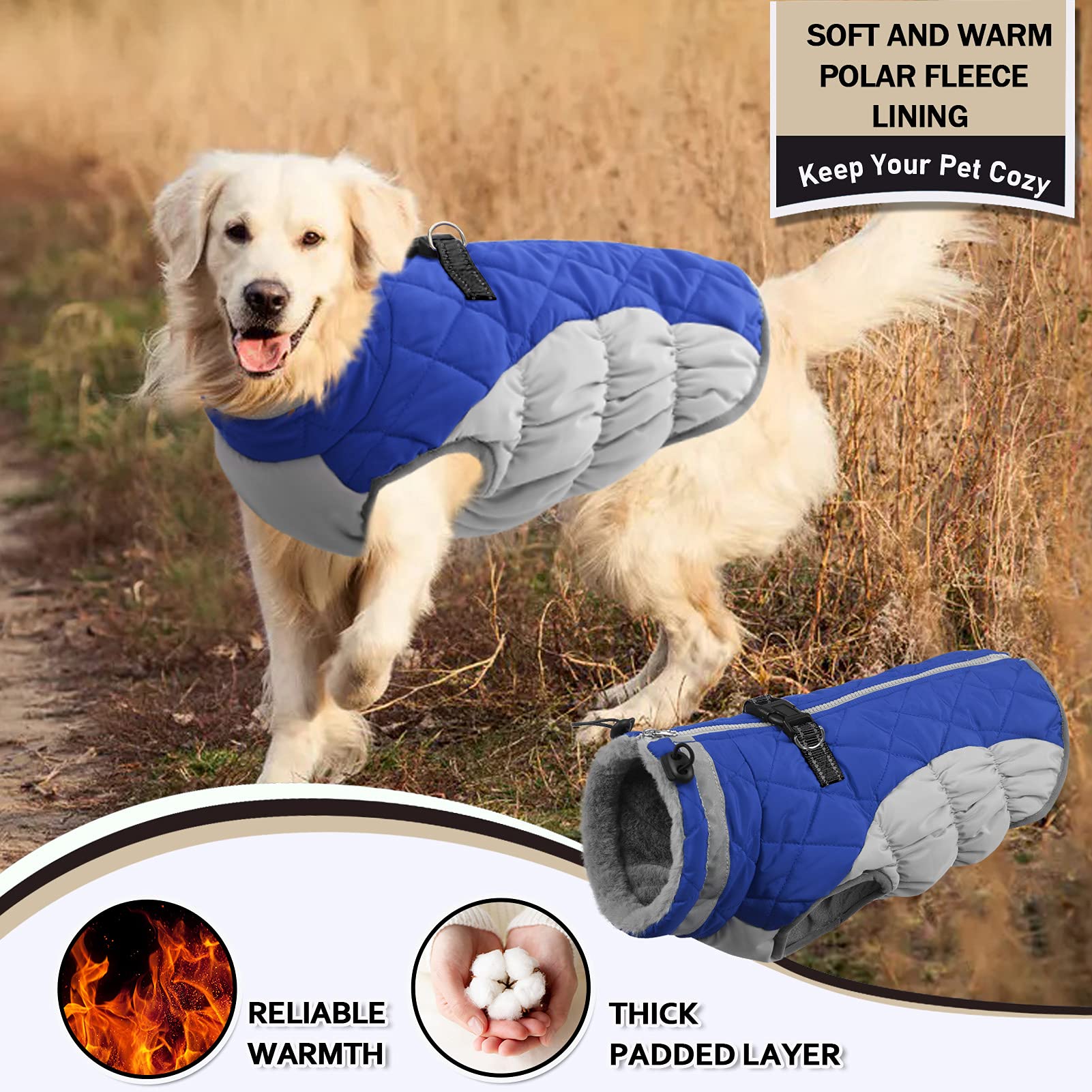 Aofitee Winter Dog Coat Warm Fleece Dog Jacket For Cold Weather, Reflective Zip Up Puppy Dog Sport Vest With Leash Rings, Outdoor Pet Sweater Apparel Clothes For Small Medium Large Dogs, Blue M