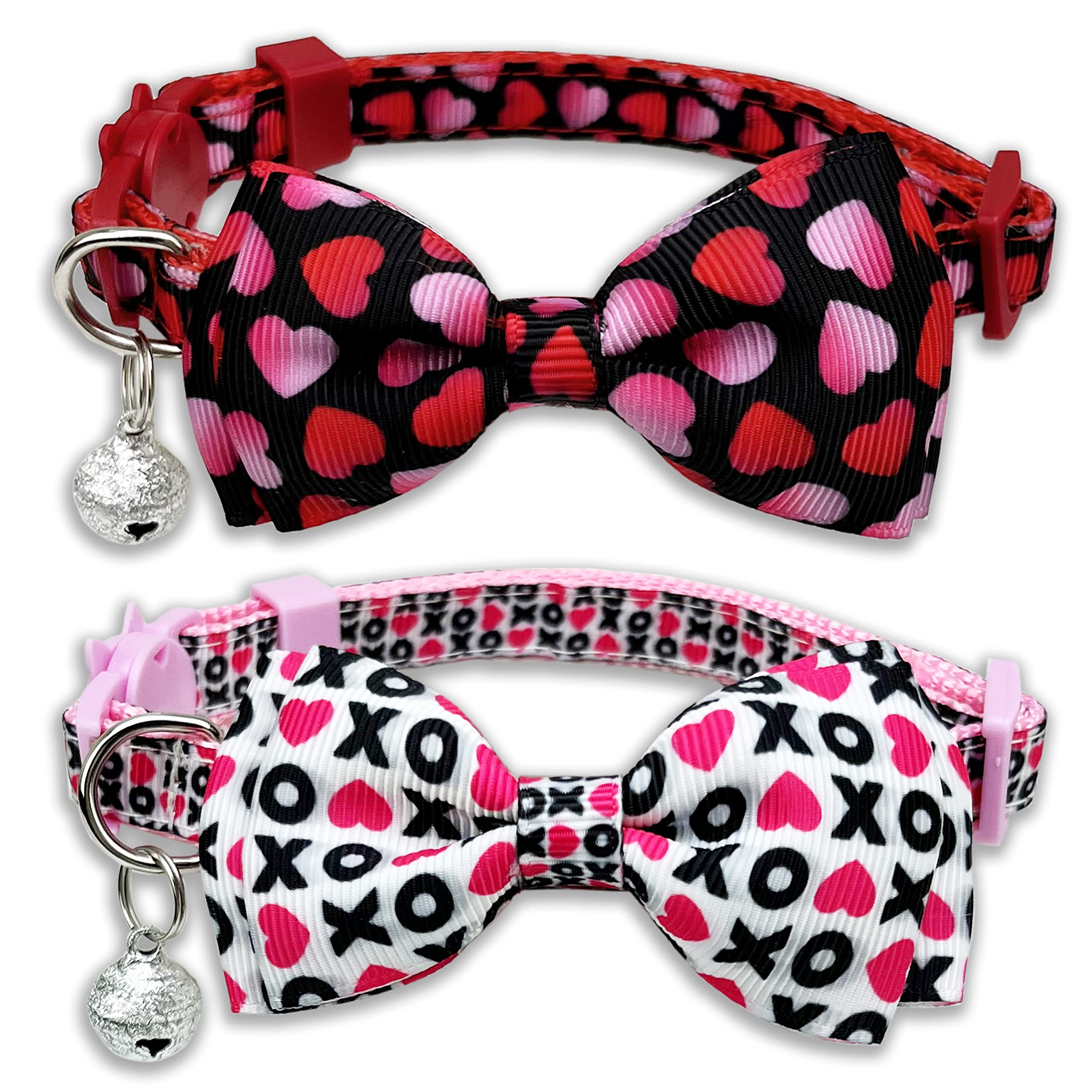 Pohshido 2 Pack Valentine Kitty Kitten Collar With Bow Tie, Holiday Heart Collar With Bell For Boys And Girls Male Female Cats (Pattern 1)