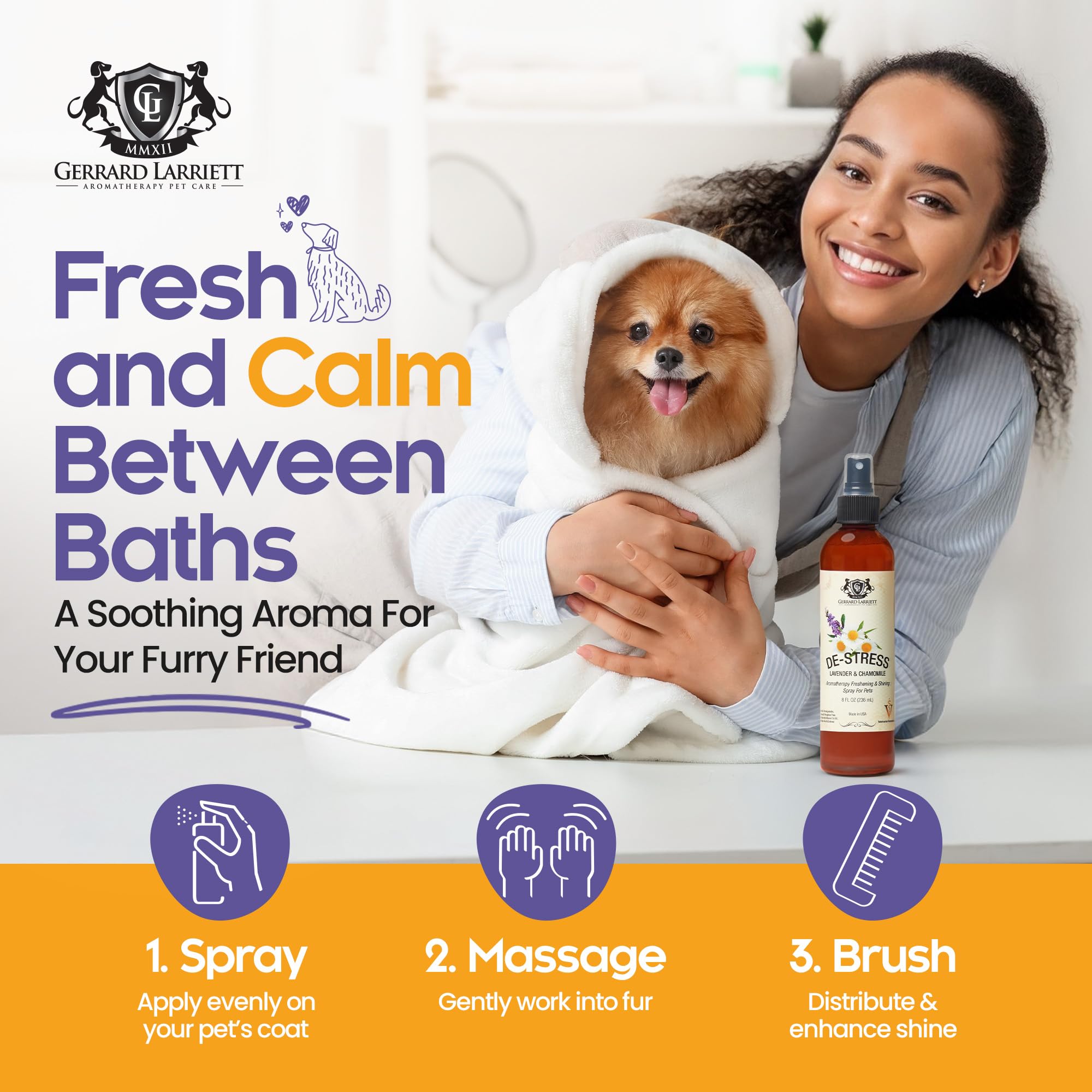 Gerrard Larriett Aromatherapy Freshening Spray for Pets - 8 Fl Oz - Chamomile & Lavender Scent - Calming Dog Spray