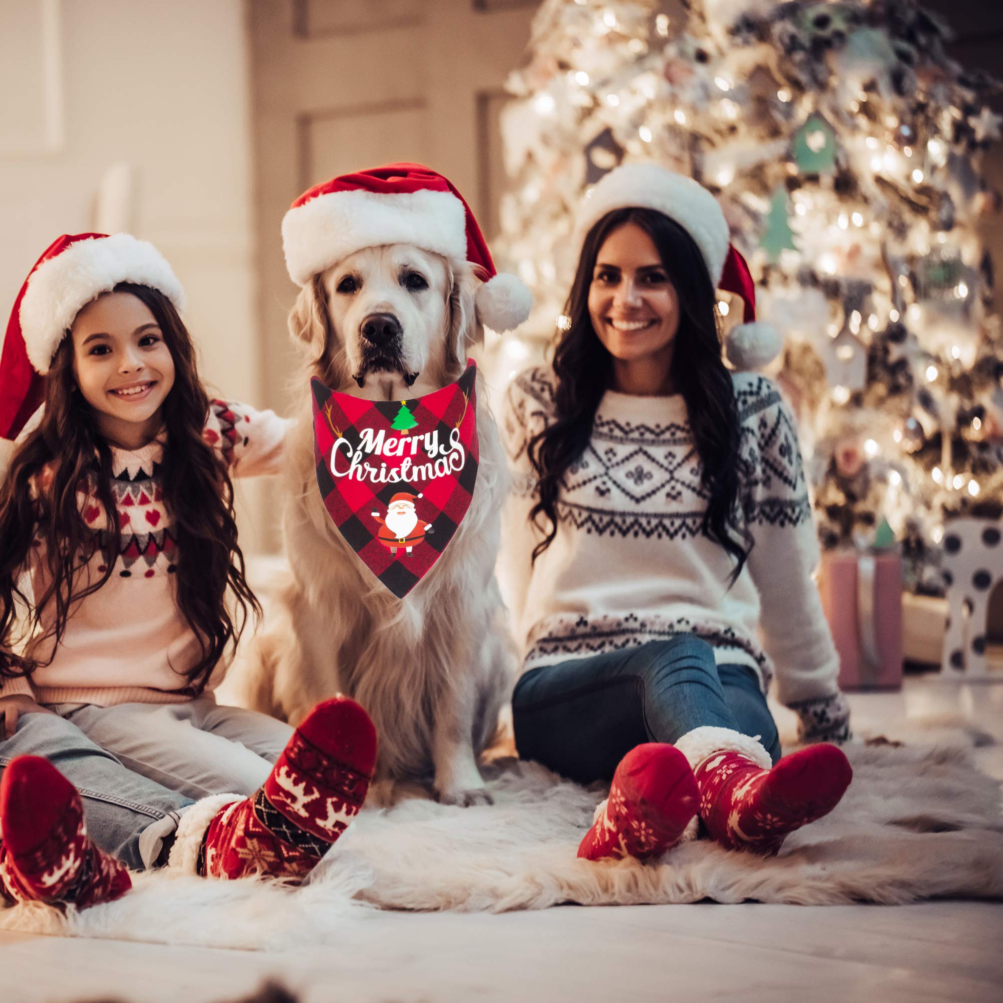 Adoggygo 2 Pack Dog Bandana Christmas Classic Plaid Pet Scarf Triangle Bibs Kerchief Merry Christmas Santa Snowman Print Pet Bandana For Large X-Large Dogs Pets (Red&Red, X-Large)