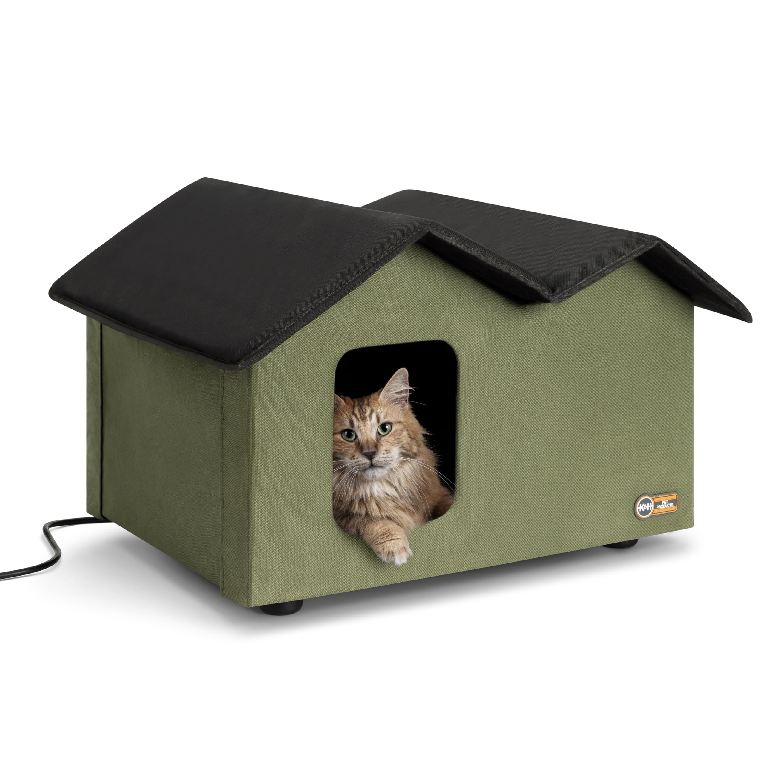 K&H Pet Products Elevated Outdoor Kitty House Extra-Wide Heated Olive/Black 26.5 X 21.5 X 17 Inches