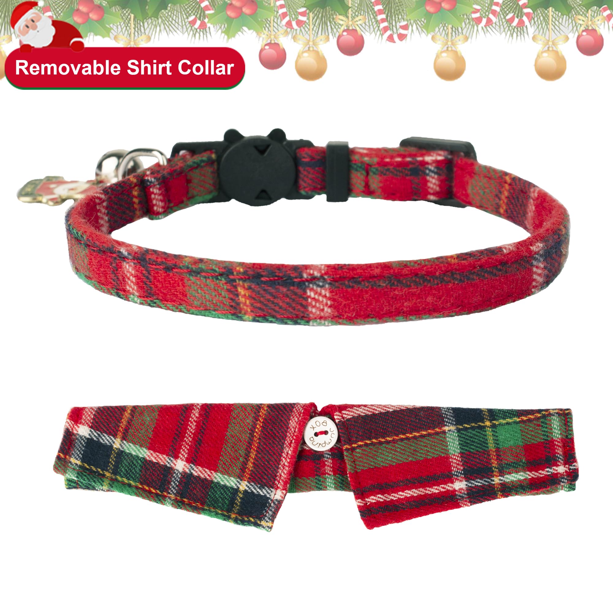 Adoggygo Christmas Cat Collars Breakaway With Bow Bell, 2 Pack Stylish Red Green Plaid Xmas Kitten Collar With Removable Shirt C