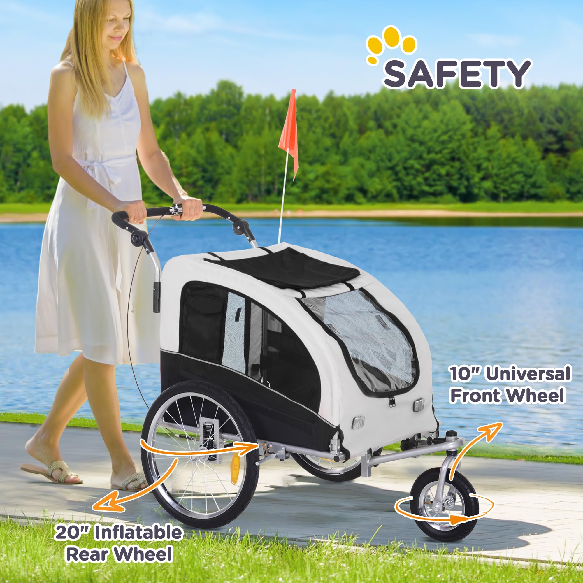 Aosom Dog Bike Trailer 2-in-1 Pet Stroller with Canopy and Storage Pockets, White