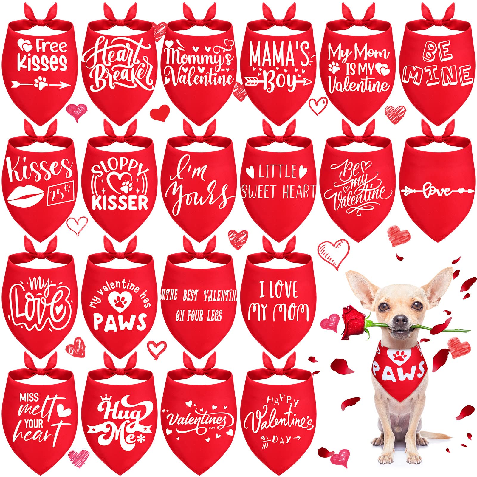 20 Pieces Valentines Dog Bandana Bulk Heart Bandanas Bibs Pet Triangle Bibs Scarf Valentine‘S Day Bandana Adjustable Neckerchief Scarf For Puppy Cats Pet Costume Accessories(Classic,25 X 17 Inch)
