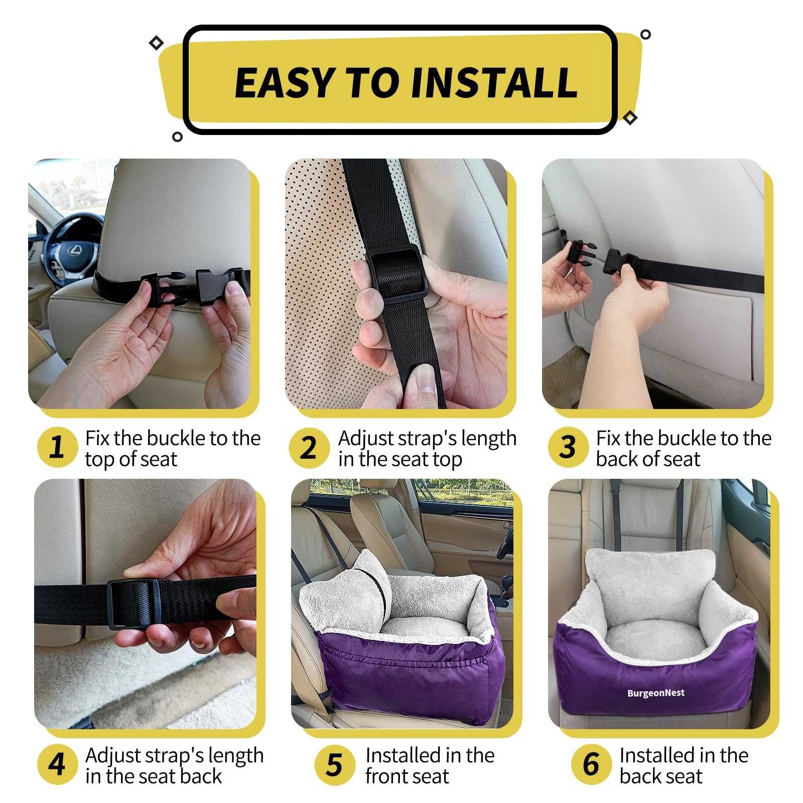 Burgeonnest Dog Car Seat For Small Dogs, Fully Detachable And Washable Cat Carseats Under 25 Lbs, Soft Pet Booster Seats With Storage Pockets Clip-On Leash Portable Travel Carrier Bed, Purple