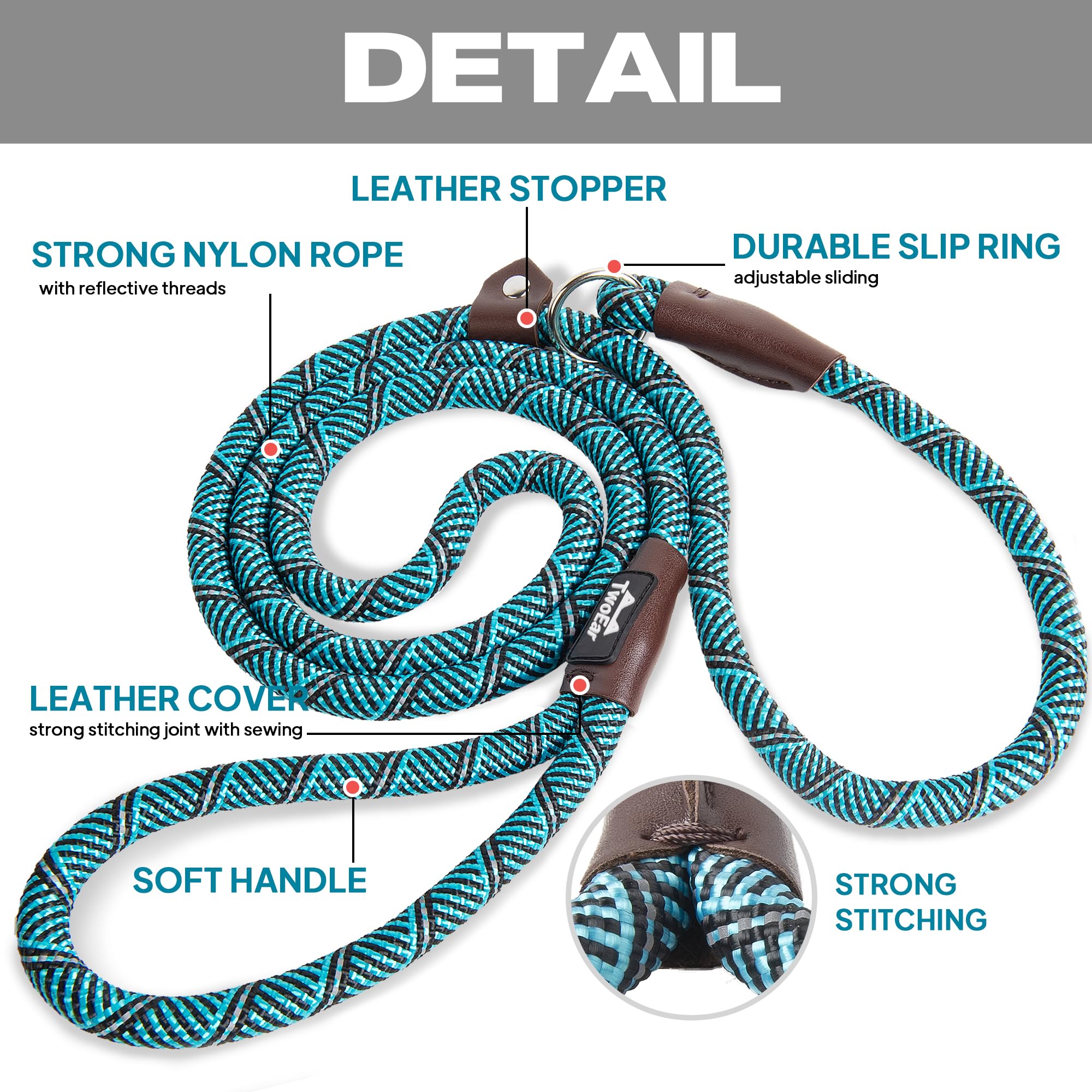 Twoear Dog Leash Dog Slip Rope Leash 6Ft Dog Training Leash Heavy Duty Strong Slip Lead Highly Reflective Threads For Small Medium And Large Dogs (Slim(3/8''X6Ft), Blue)