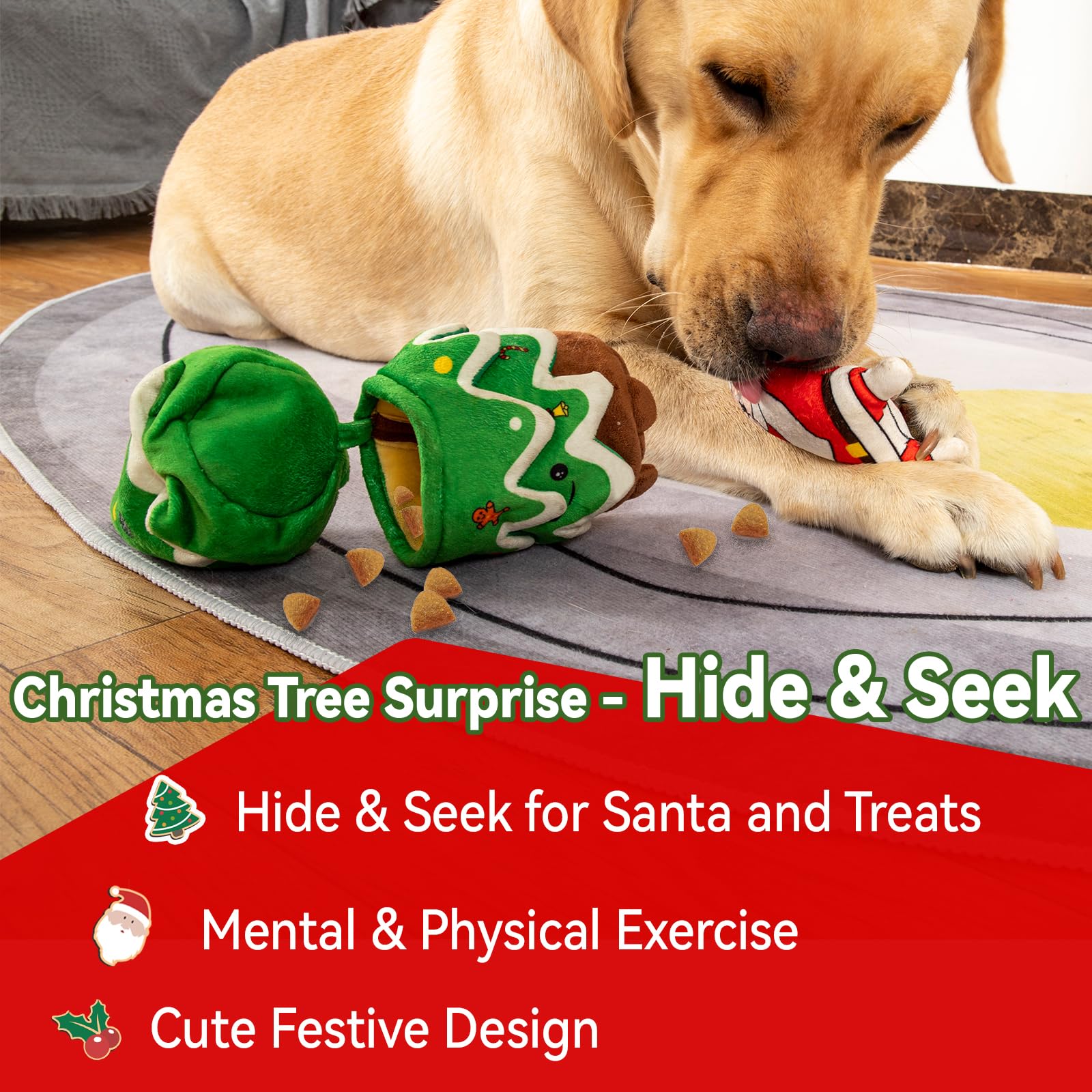 REQIHO Christmas Dog Toys, Crinkle Christmas Tree & Squeaky Santa Claus, Dog Christmas Toys, Hide and Seek Dog Toy, Plush Dog fo