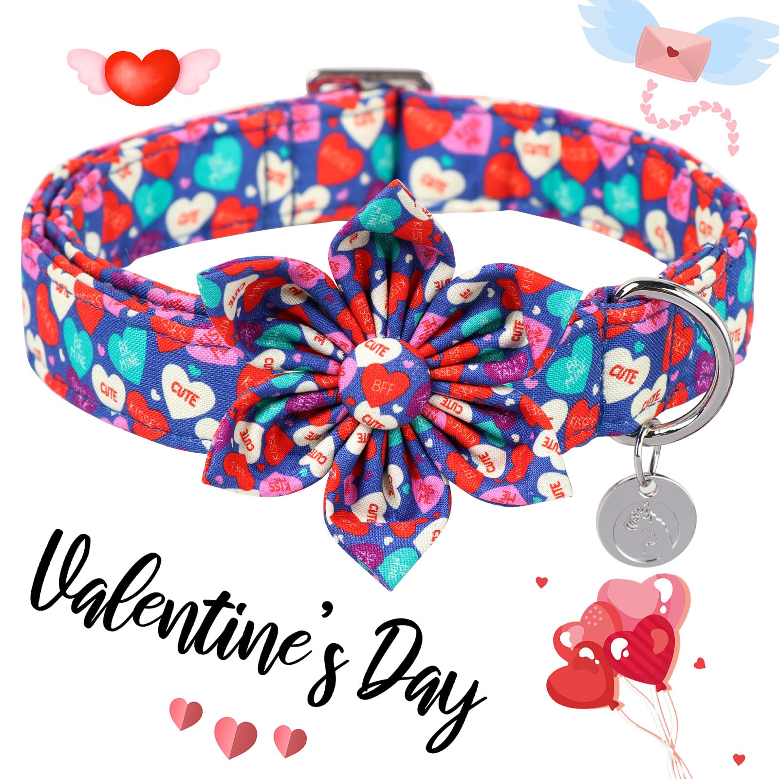 Dogwong Valentine'S Dog Collar With Flower, Blue Heart Bowtie Dog Collar, Adjustable Durable Pink Heart Dog Collar Cute Dog Coll