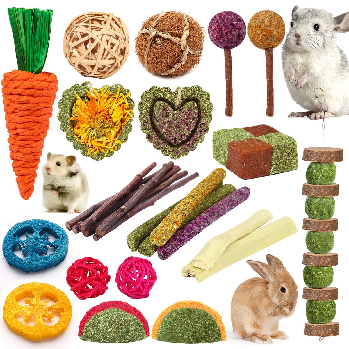 YIXUND Rabbit & Guinea Pig Toys - Natural Timothy Hay & Apple Wood Sticks for Teeth Care - Handmade for Hamster, Bunny, Chinchil