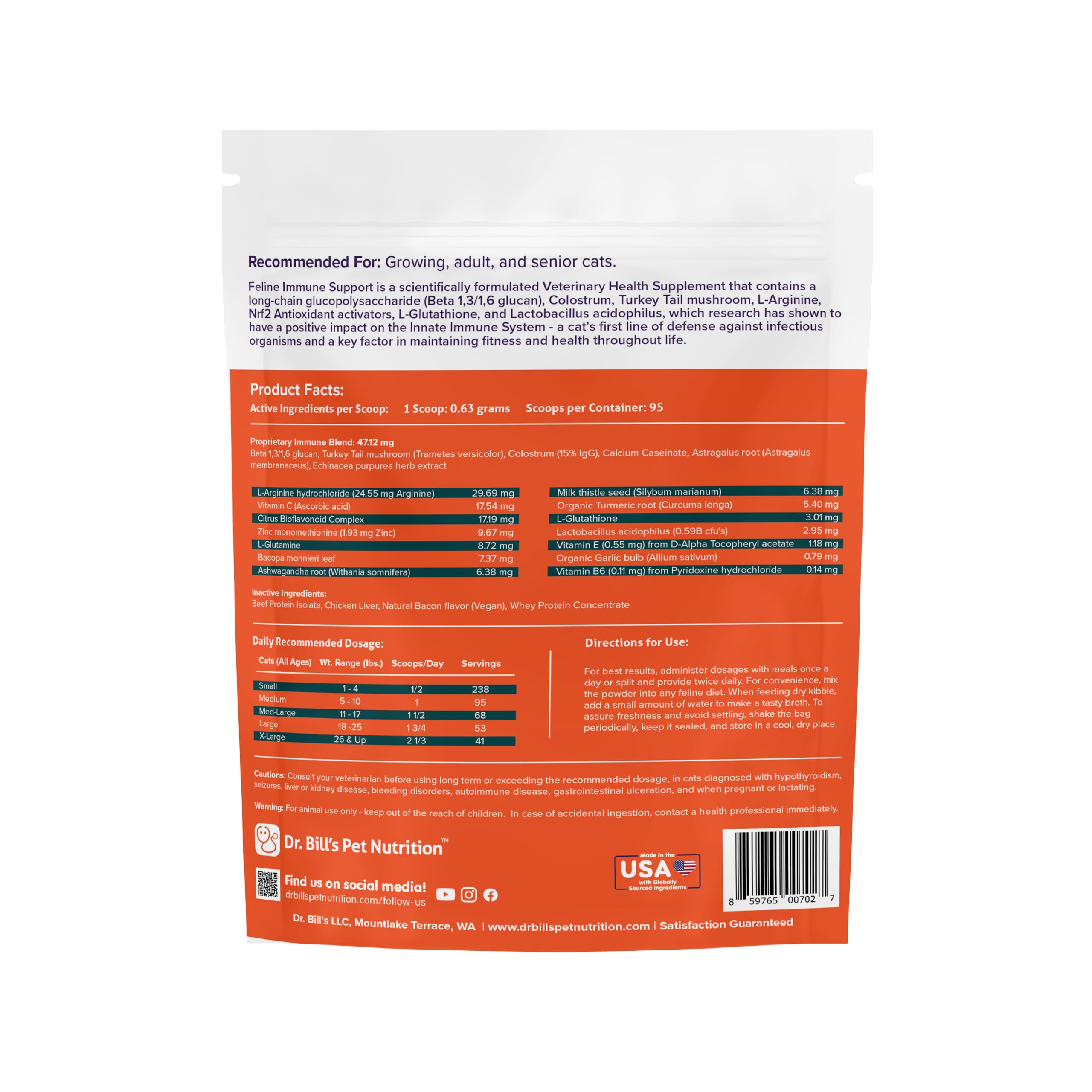 Dr. Bills Feline Immune Support Cat Vitamins and Supplements | Cat Immune Support | Colostrum Vitamins for Cats | Includes Beta