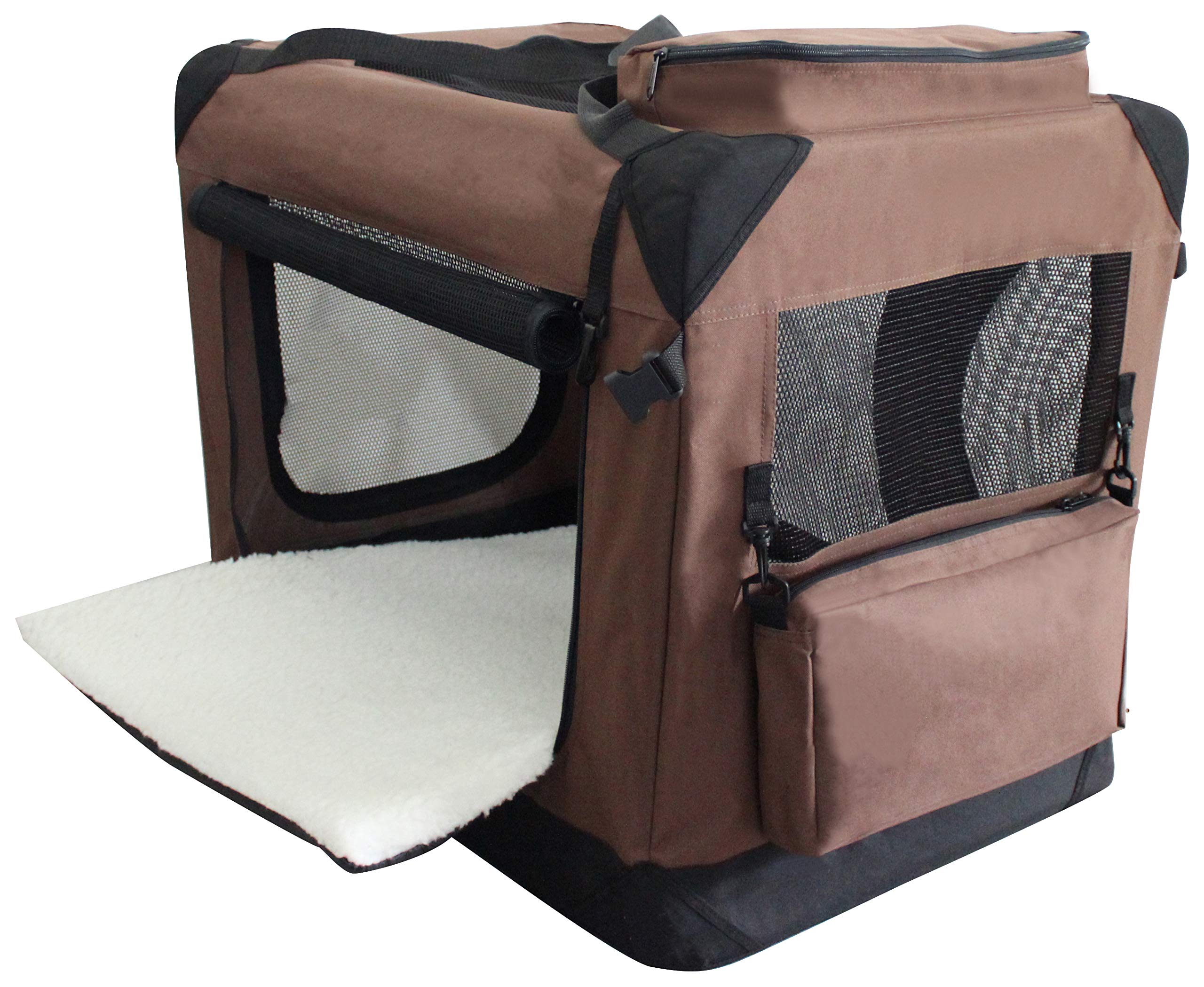 EliteField 3-Door Folding Soft Dog Crate, Indoor/Outdoor, 36"x24"x28", Brown, Includes Carrying Bag & Fleece Bed, 2 Year Warranty