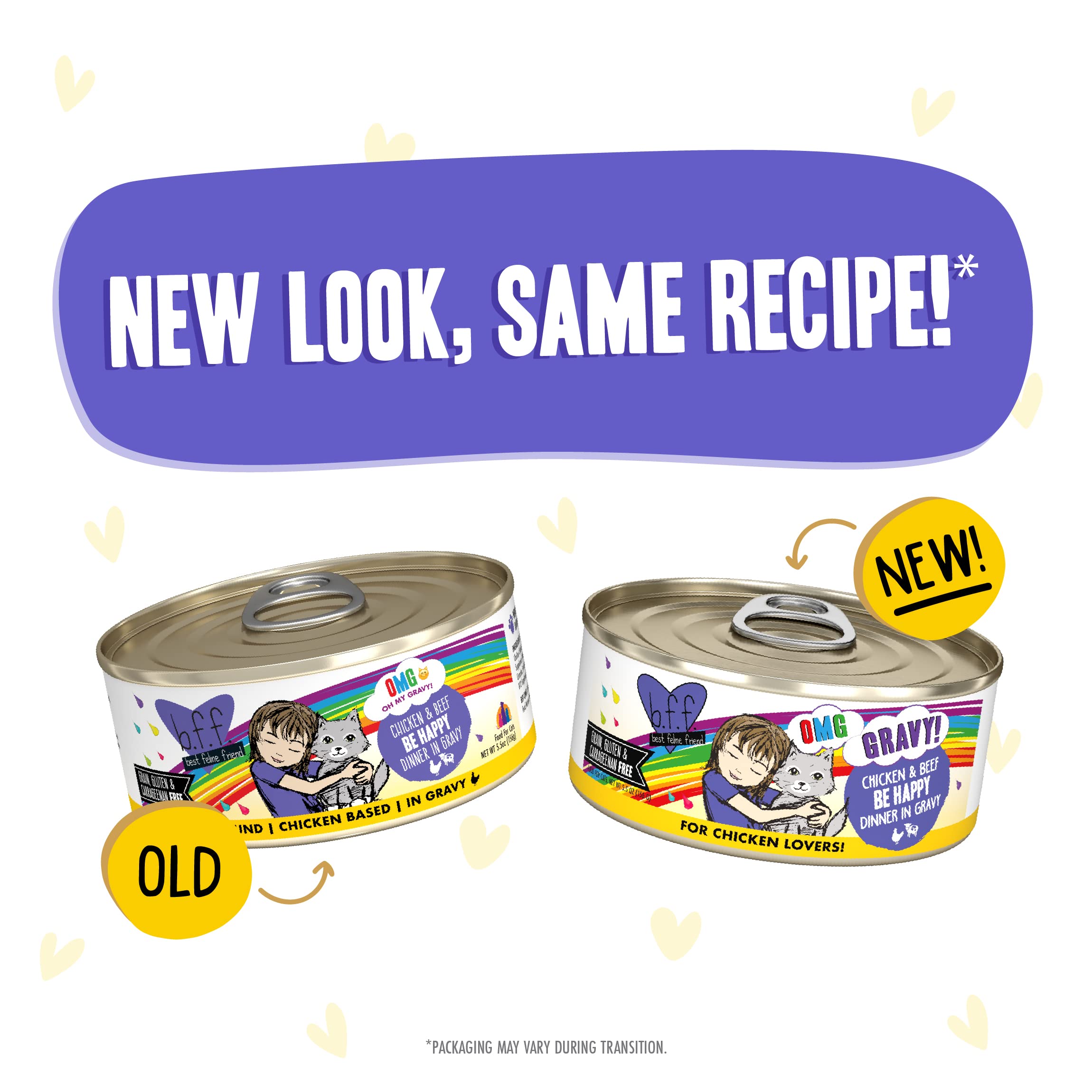 Weruva B.F.F. OMG - Best Feline Friend Oh My Gravy!, Chicken & Beef Be Happy with Chicken & Beef in Gravy, 5.5oz Can (Pack of 8)