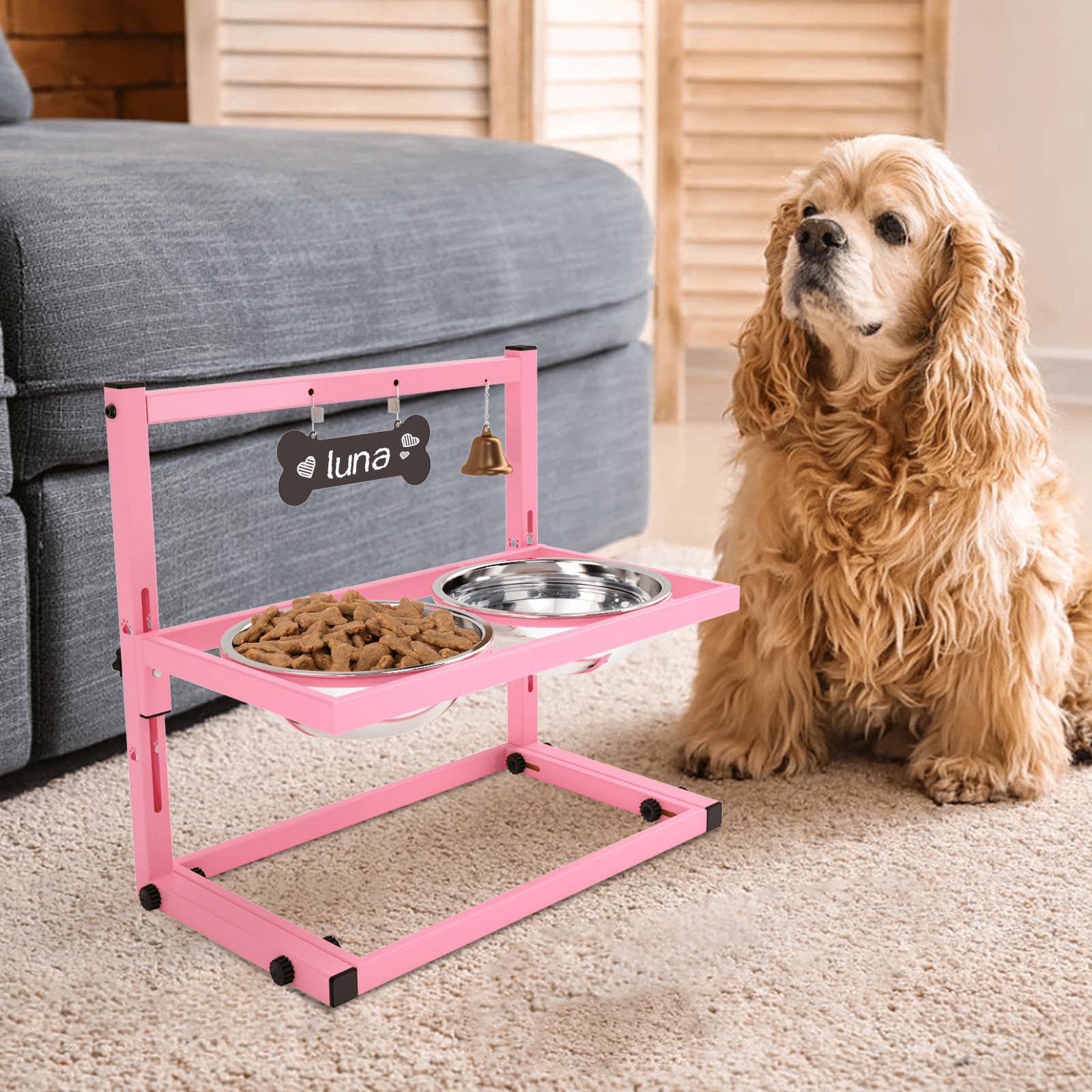 SHAINFUN Elevated Bowls for Small and Medium Dogs, Raised Stand With 2 Stainless Steel Food & Water Bowls, Adjustable Height Fee