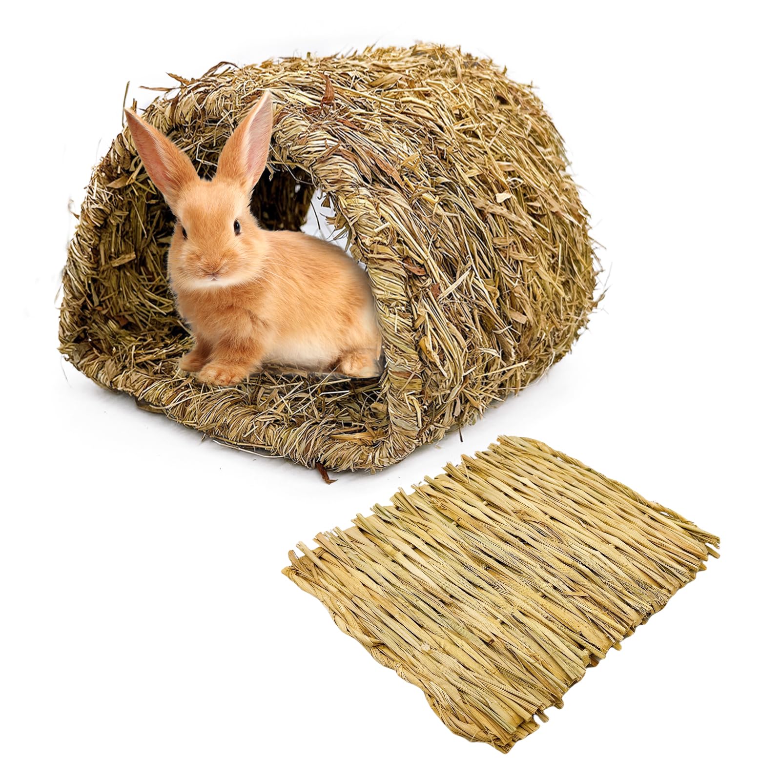 Hamiledyi Bunny Grass Tunnel,Rabbit Grass Bed,Natural Straw Woven Mat Winter Warm Hideaway Hut For Rabbit Gerbil Ferrets Guinea 