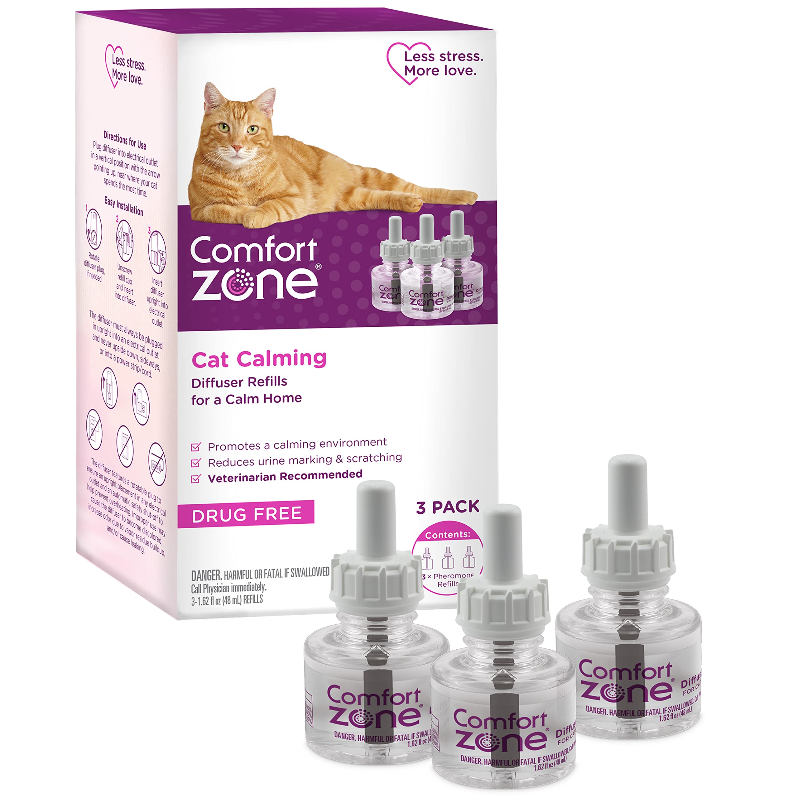 Comfort Zone 3 Pack Cat Calming Diffuser Refills; 30-Day Refills; Pheromones Help Cat Anxiety