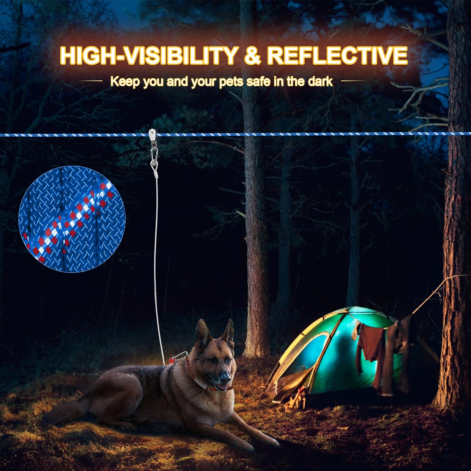 Dog Camping Essentials 50Ft Portable Overhead Trolley System Pet Camping Leash For Dogs Up To 200Lbs Dog Runner For Yard Blue