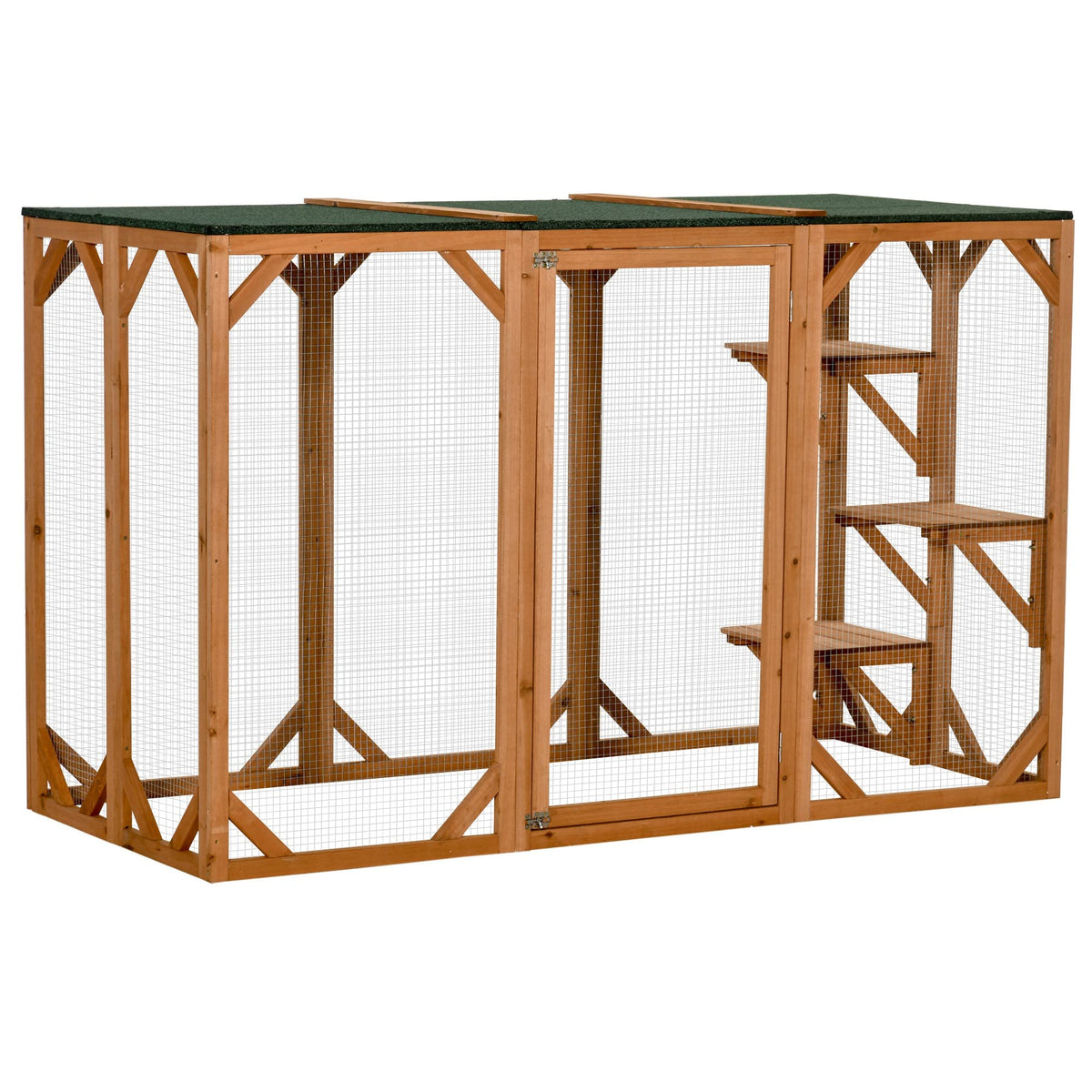 Pawhut Outdoor Cat House, Catio Wooden Feral Cat Shelter, Cat Cage With Platforms, Large Enter Door, Weather Protection Asphalt Roof, 71' L, Orange