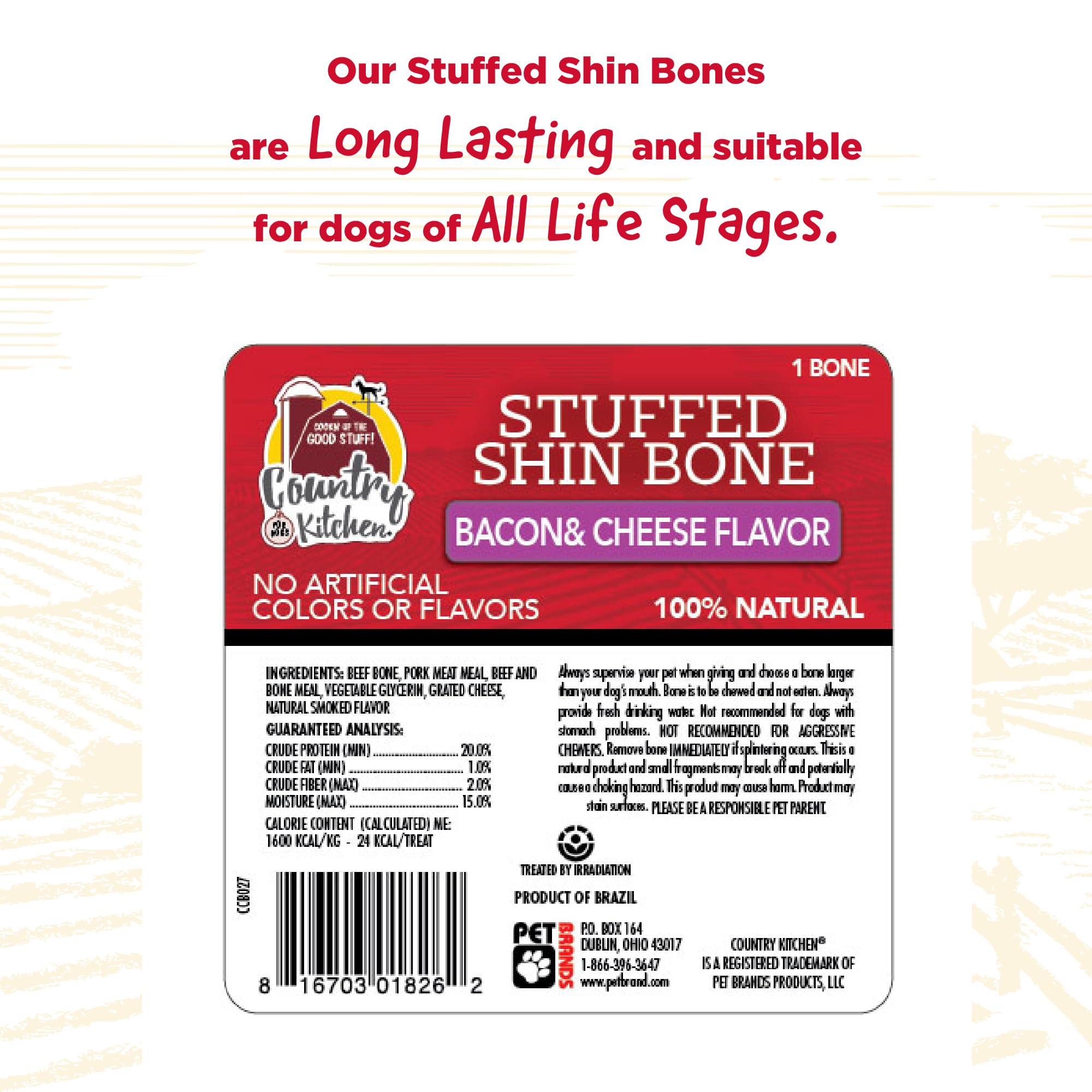 Country Kitchen Stuffed Shin Bone Bacon and Cheese Flavor Dog Treat, 100% Natural, Long Lasting, 1 Large Bone 5-6 inches