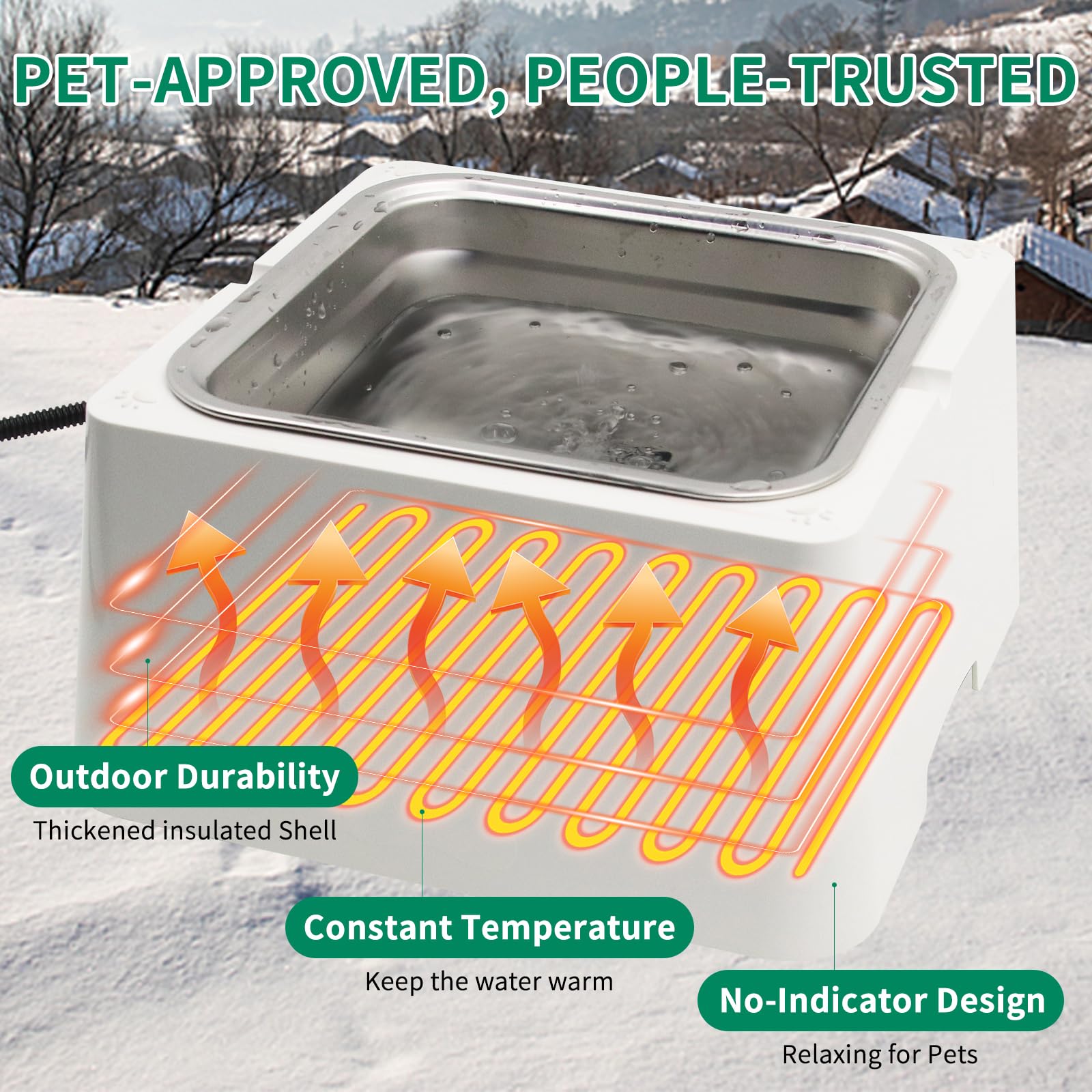 Lucky Farm Heated Water Bowl For Dog & Cat Removable 110Oz/0.85 Gal Stainless Bowl Outdoor Pet Water Dish 100W Electric Powered