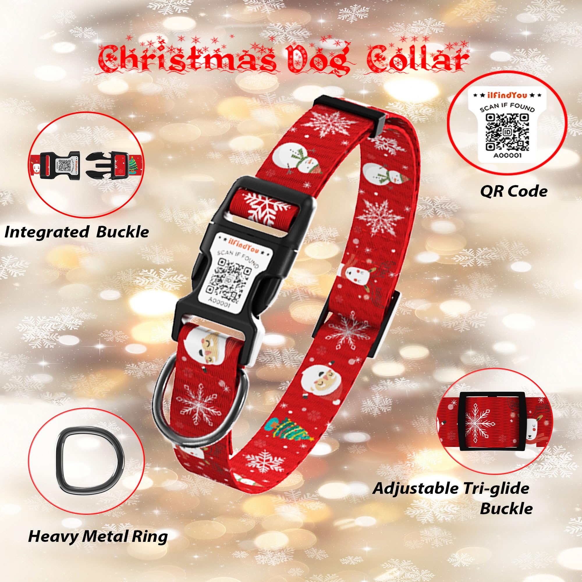 Ilfindyou Christmas Dog Collars For Large Dogs Soft Nylon Red Snowflake Sized L