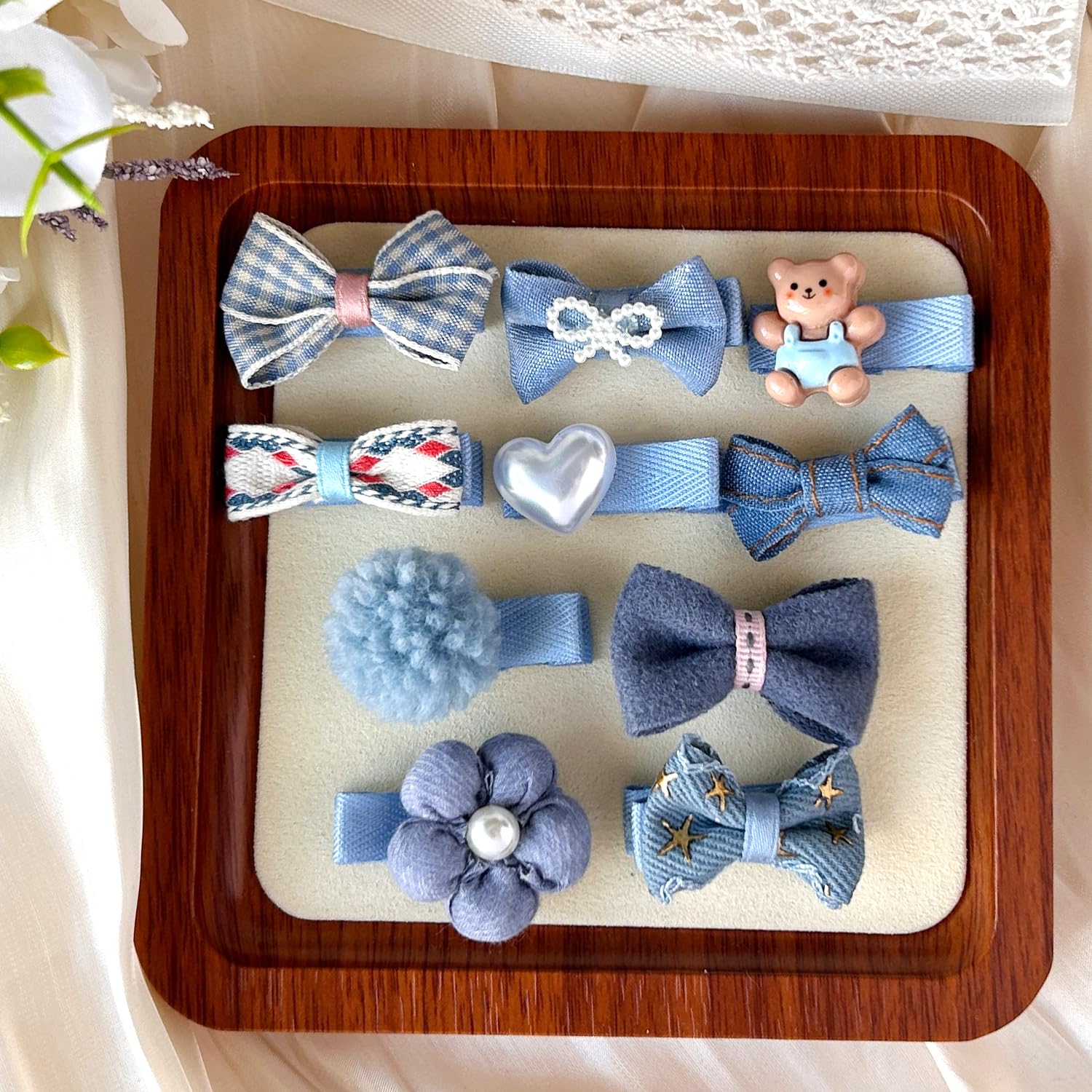 Blue Dog Hair Clips And Rubber Bands Small Dog Bows Denim Cute Pet Grooming Accessories Alligator Clips Stay In Hair Barrettes F