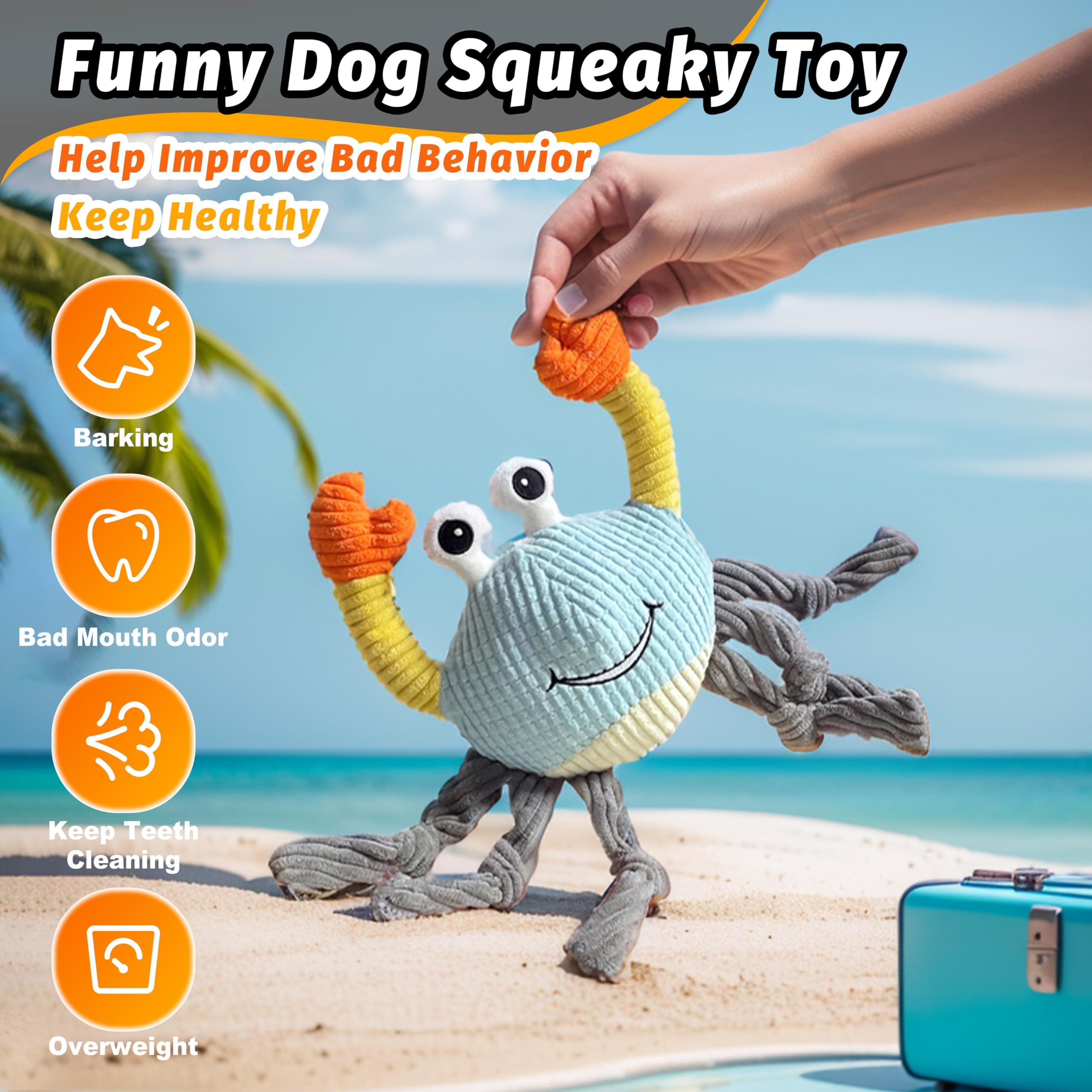 GUKCO Dog Toys for Aggressive Chewers - 3-in-1 Squeaky Interactive Toy, Medium Size, Cotton Material, Crab Color, Model SB-01