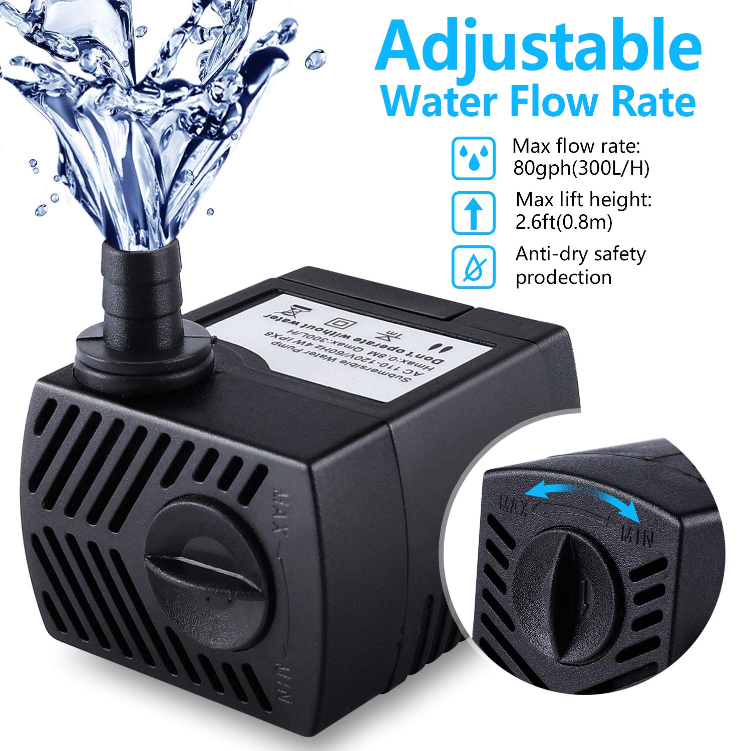CWKJ Submersible Fountain Pump 80GPH, Durable Plastic, 7.2ft Cord, 3 Nozzles for Aquarium, Pond, Fish Tank, Hydroponics, Black