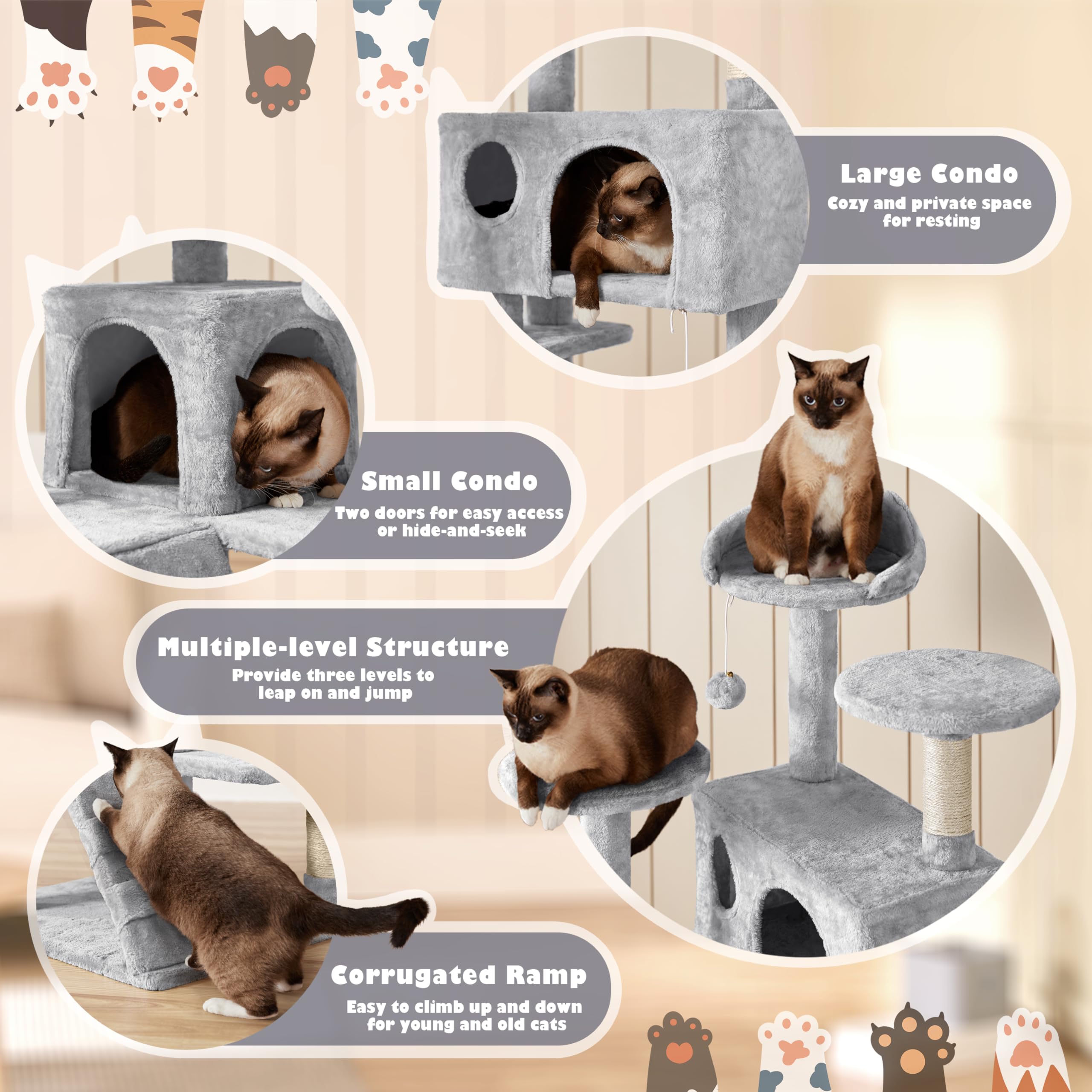 Yaheetech 54In Cat Tree Cat Tower W/Scratching Posts, Double Condos And Dangling Balls Kittens Pet House Play, Light Gray