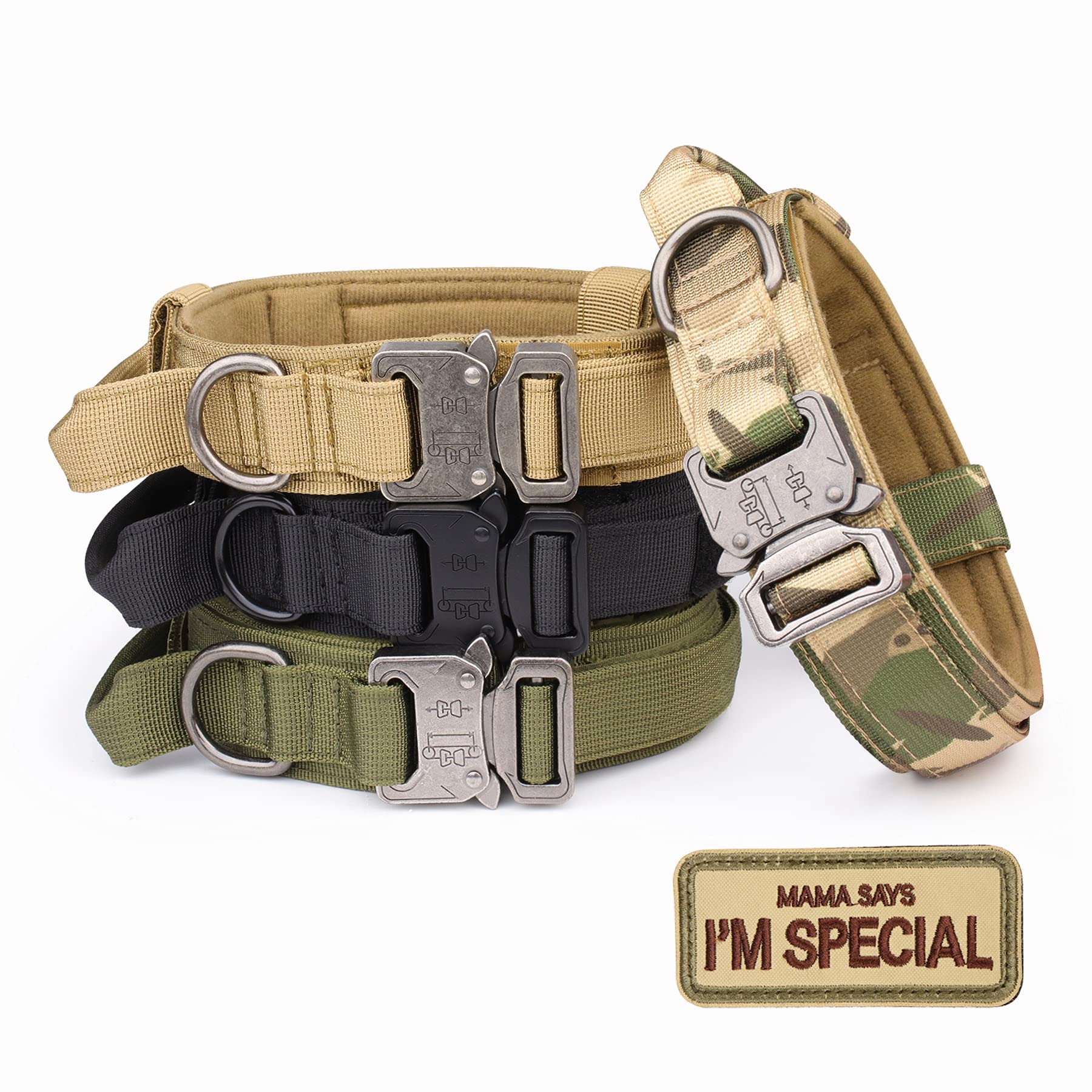 Tactical Dog Collar- Kcucop Military Dog Collar With Reflective Collar And American Flag Patch With Handle Heavy Duty Metal Buckle 1.5' Width Nylon Thick Adjustable K9 Collar(Pink Reflective-L)