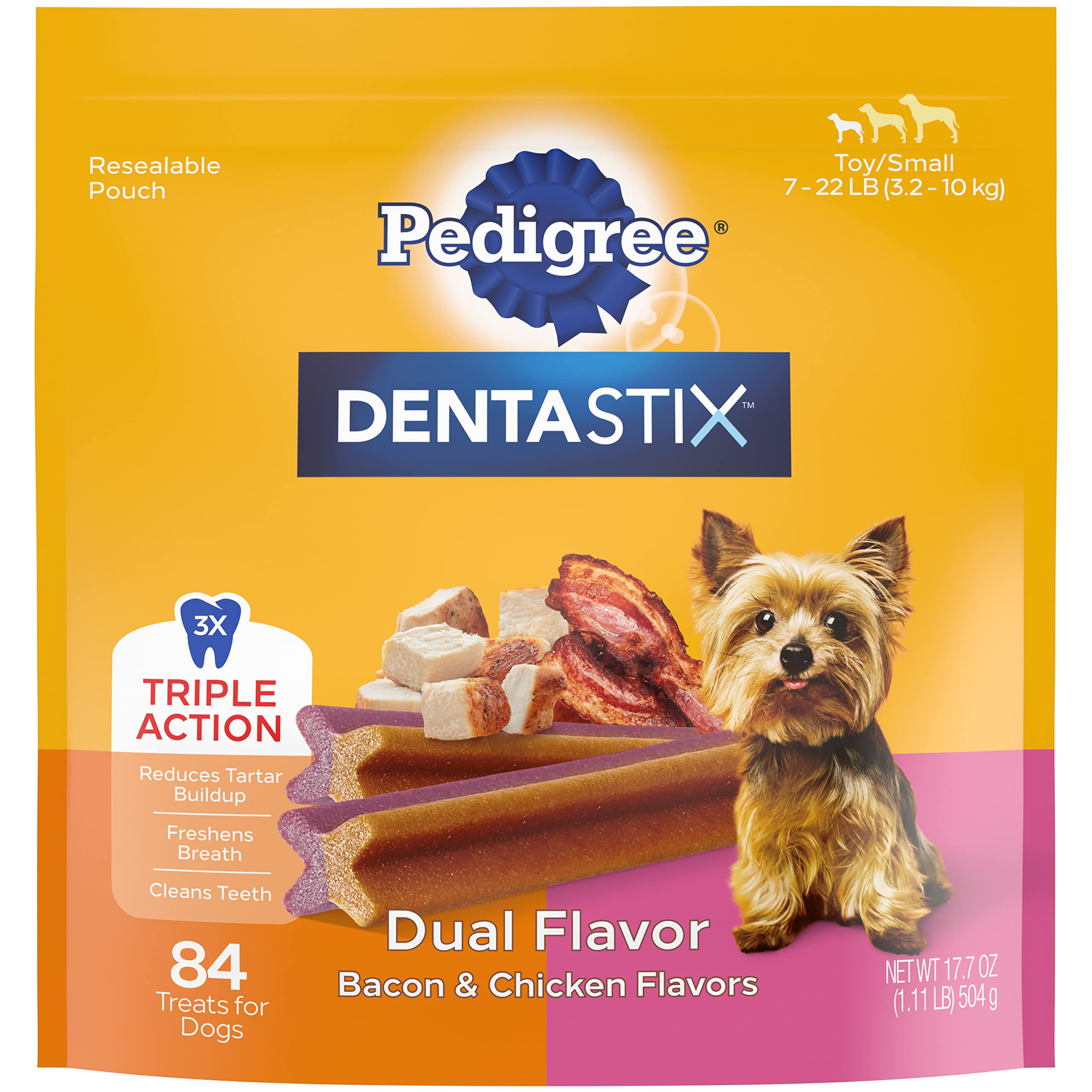 PEDIGREE DENTASTIX Dual Flavor Small Dog Dental Treats, Bacon & Chicken Flavors Dental Bones, 18.24 oz. Pack (84 Treats)