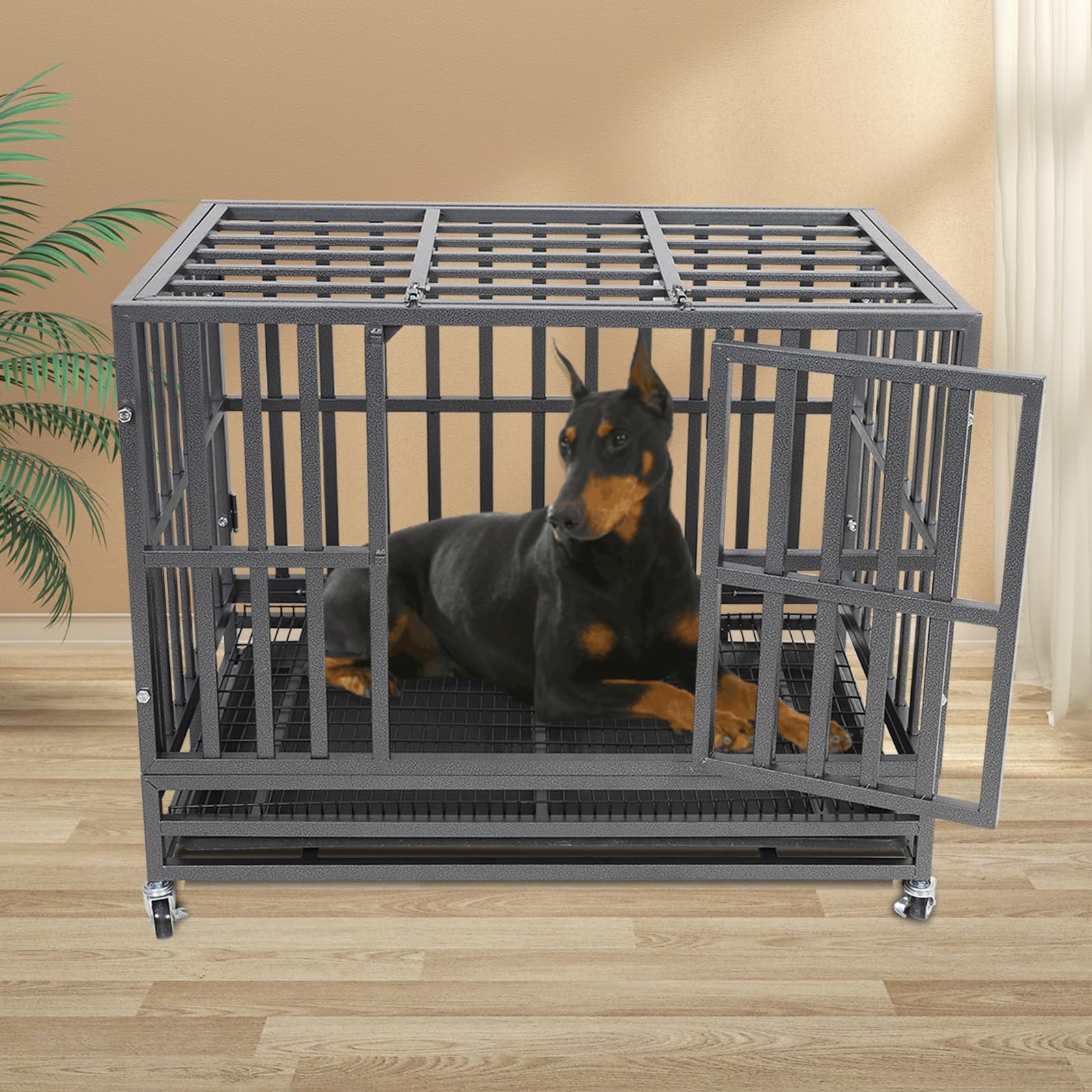 Confote 37'' Heavy Duty Dog Crate Cage Kennel Metal Pet Crate Indoor Outdoor Pet Kennel For Small Dogs With Removable Tray, Doub