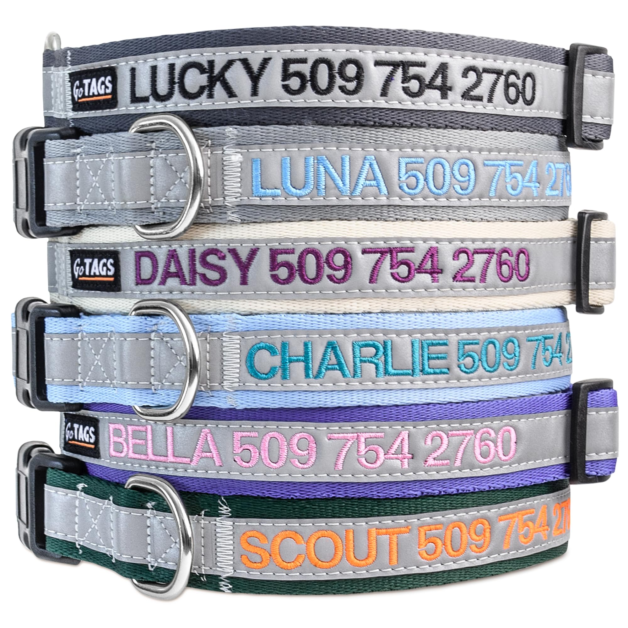Gotags Reflective Personalized Dog Collar, Custom Embroidered Safety Collar With Pet Name And Phone Number For Boy And Girl Dogs